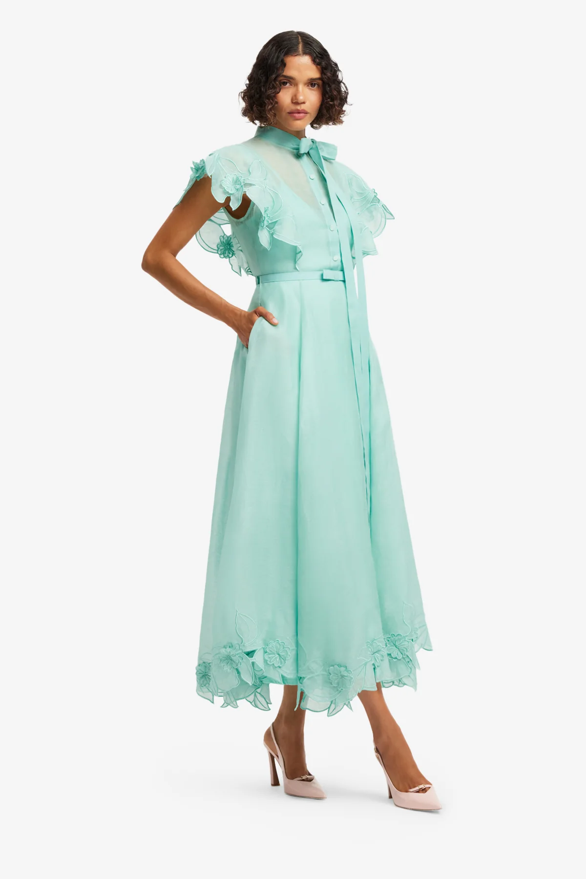 Elsie Appliqué Flutter Sleeve Maxi Dress - Pale Turquoise - Image 4