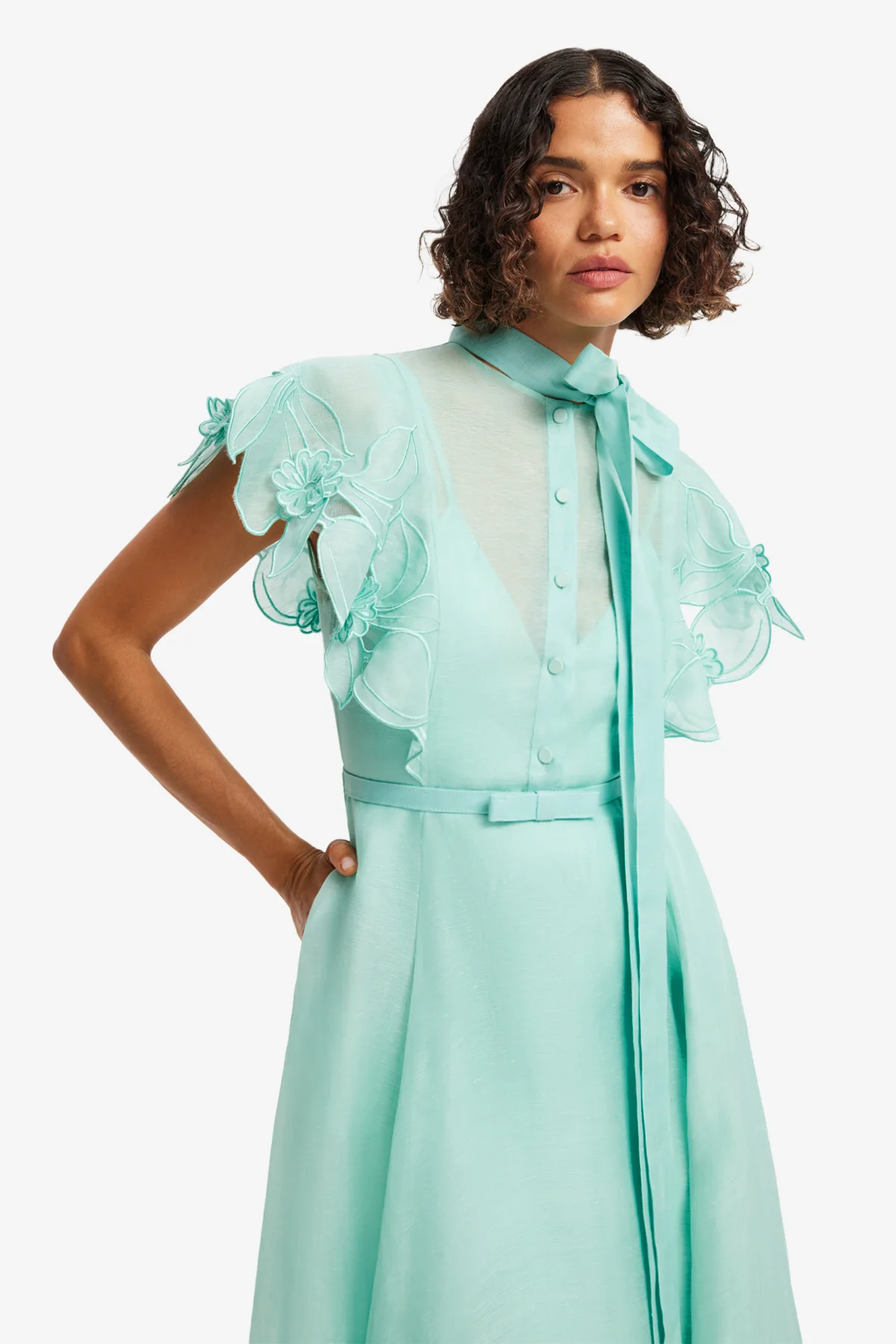 Elsie Appliqué Flutter Sleeve Maxi Dress - Pale Turquoise - Image 6