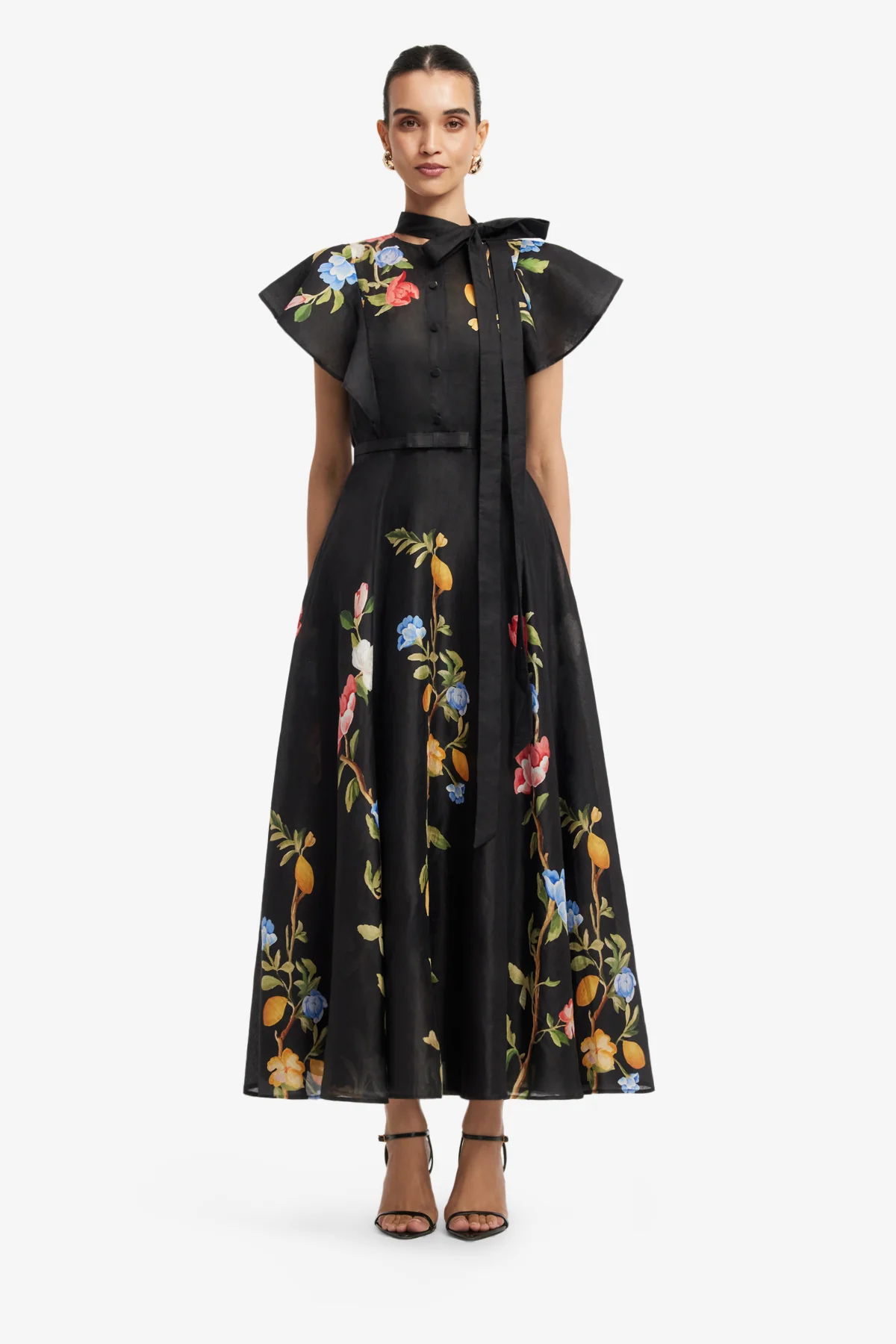 Elsie Flutter Sleeve Midi Dress - Lemon Vine Print in Ebony - Image 2