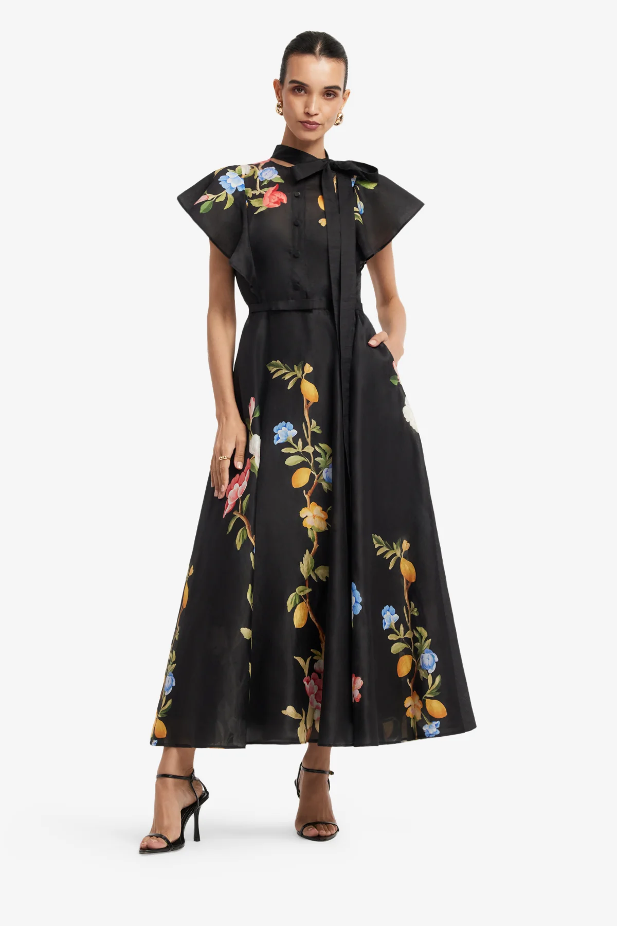 Elsie Flutter Sleeve Midi Dress - Lemon Vine Print in Ebony - Image 3