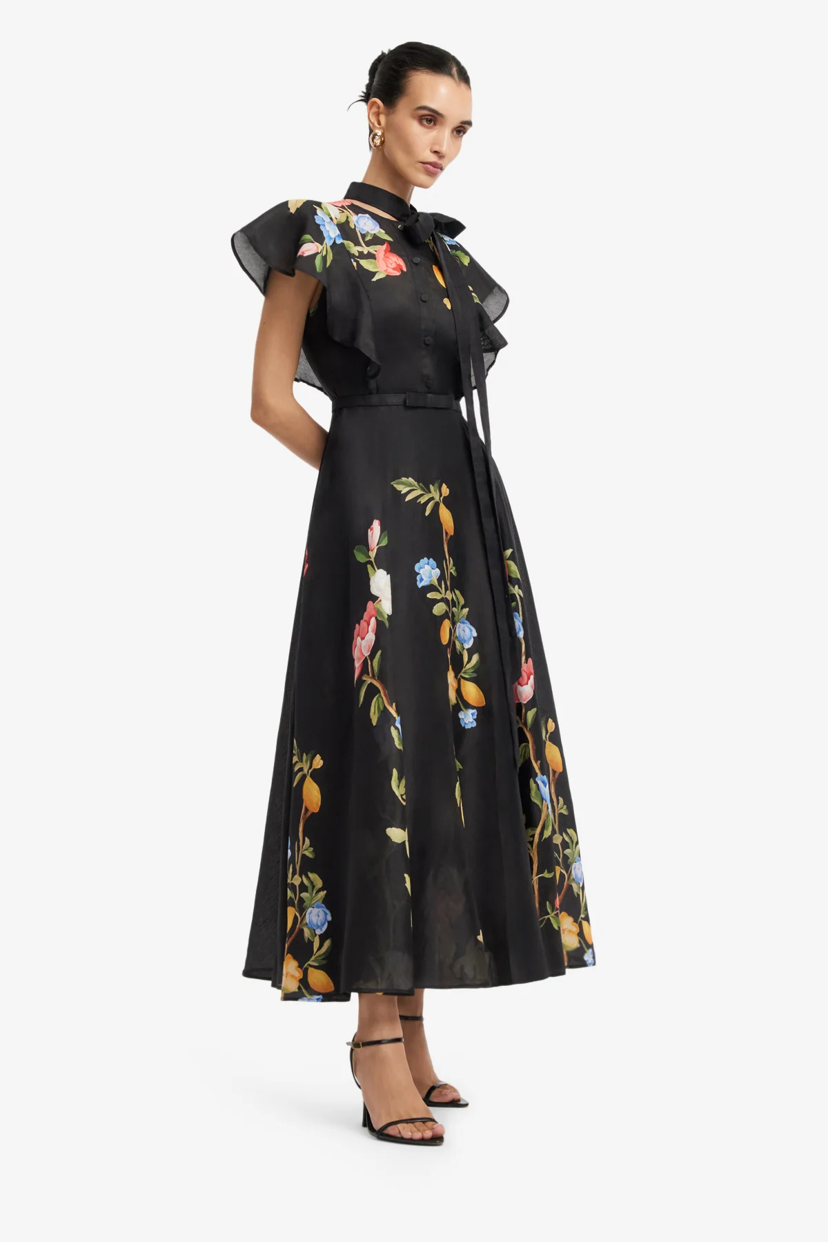 Elsie Flutter Sleeve Midi Dress - Lemon Vine Print in Ebony - Image 4