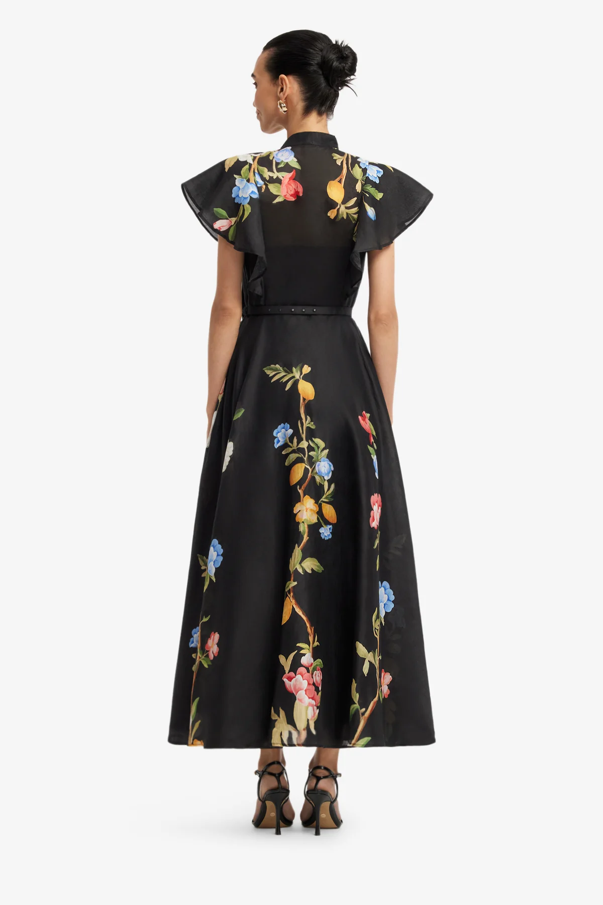 Elsie Flutter Sleeve Midi Dress - Lemon Vine Print in Ebony - Image 5