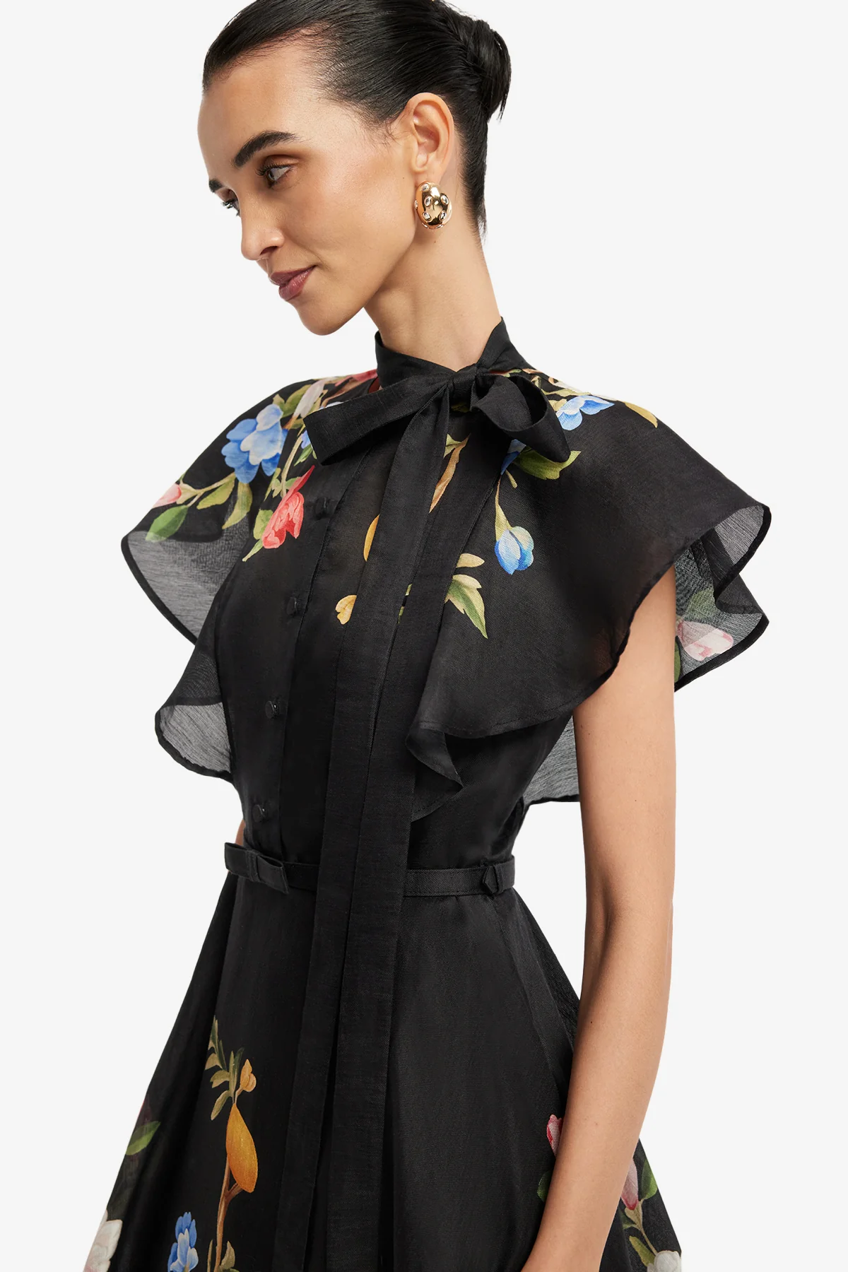 Elsie Flutter Sleeve Midi Dress - Lemon Vine Print in Ebony - Image 6