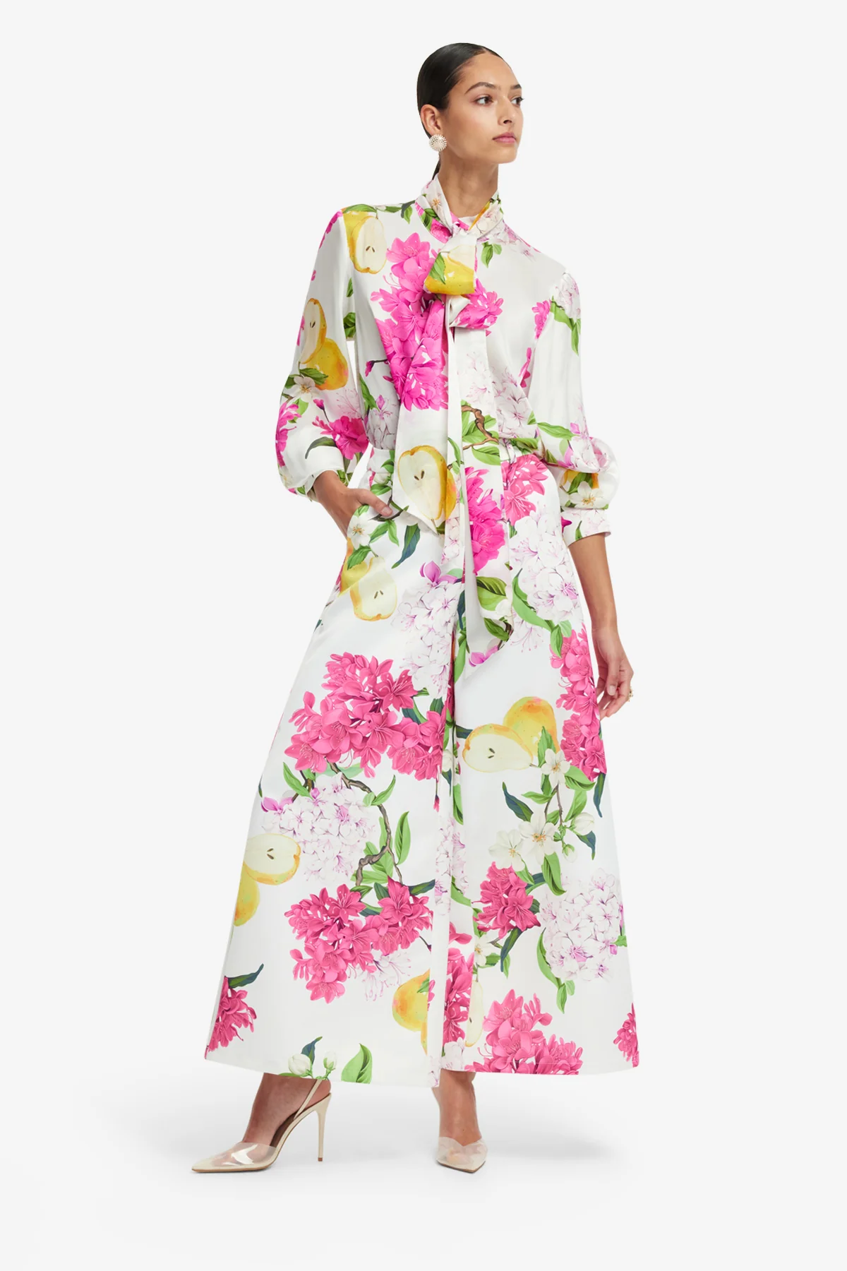 Freya Tie Neck Silk Blouse - Floral Pear Print - Image 3