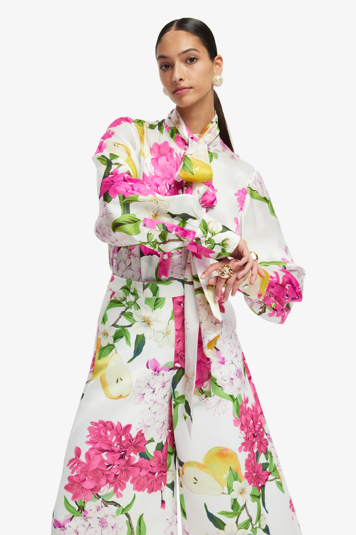 Freya Tie Neck Silk Blouse - Floral Pear Print - Image 6