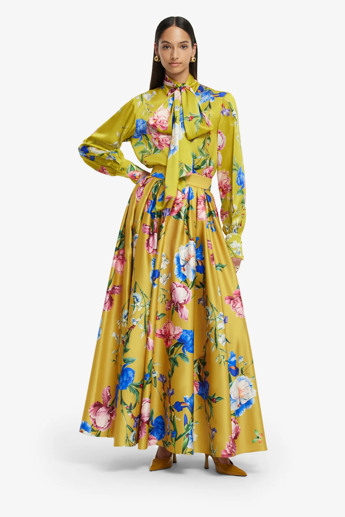Freya Tie Neck Silk Blouse - Garden Print in Mustard - Image 3