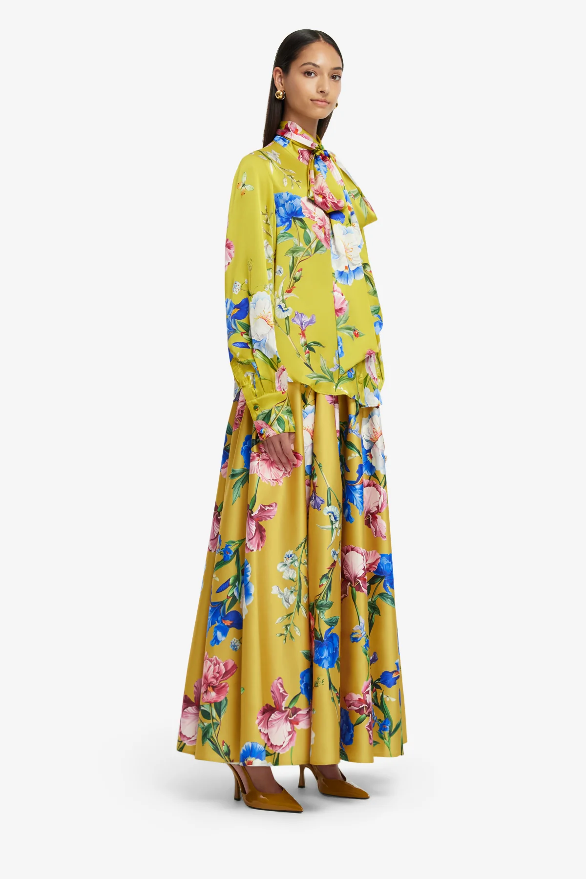 Freya Tie Neck Silk Blouse - Garden Print in Mustard - Image 4