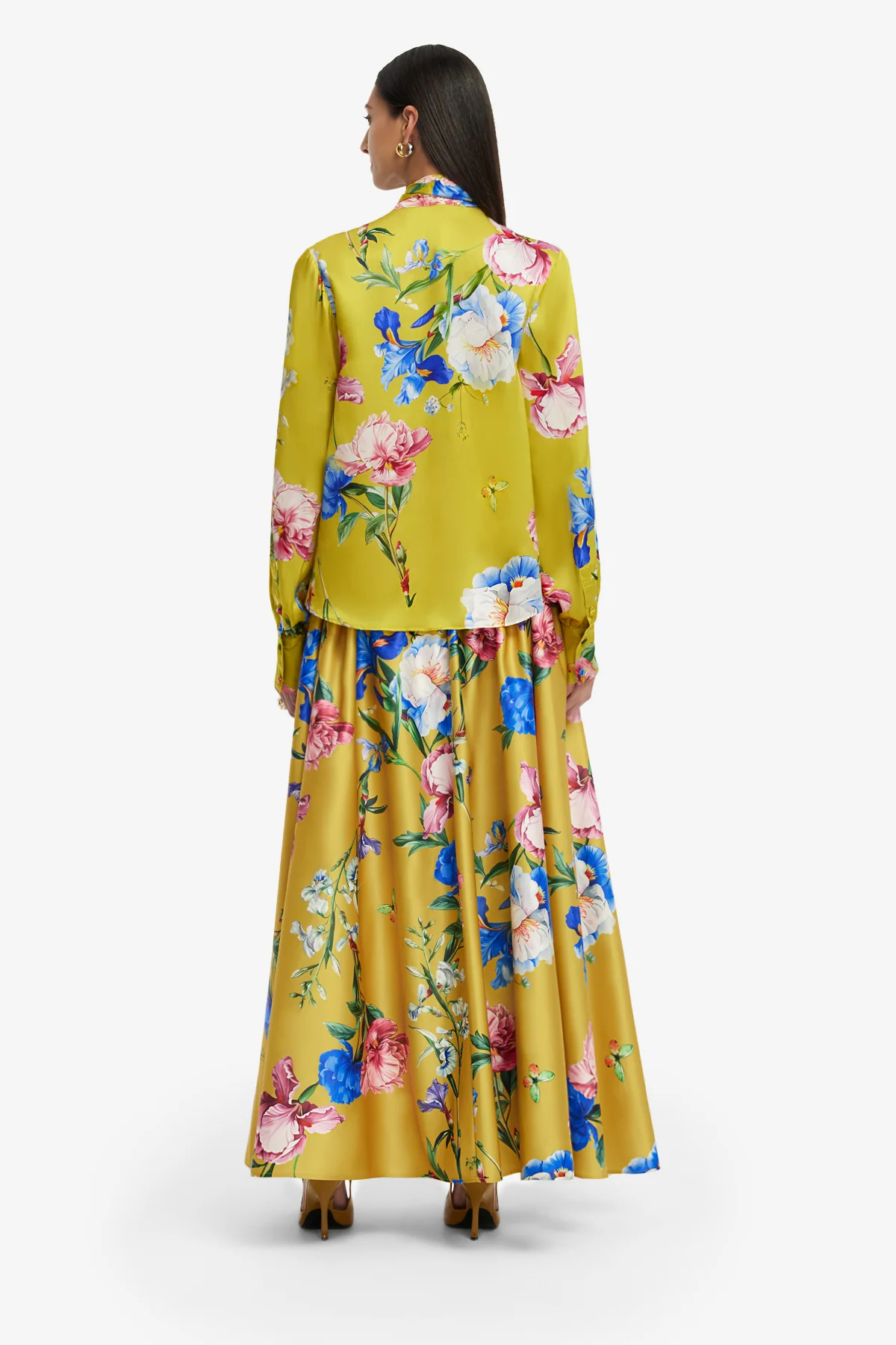 Freya Tie Neck Silk Blouse - Garden Print in Mustard - Image 5