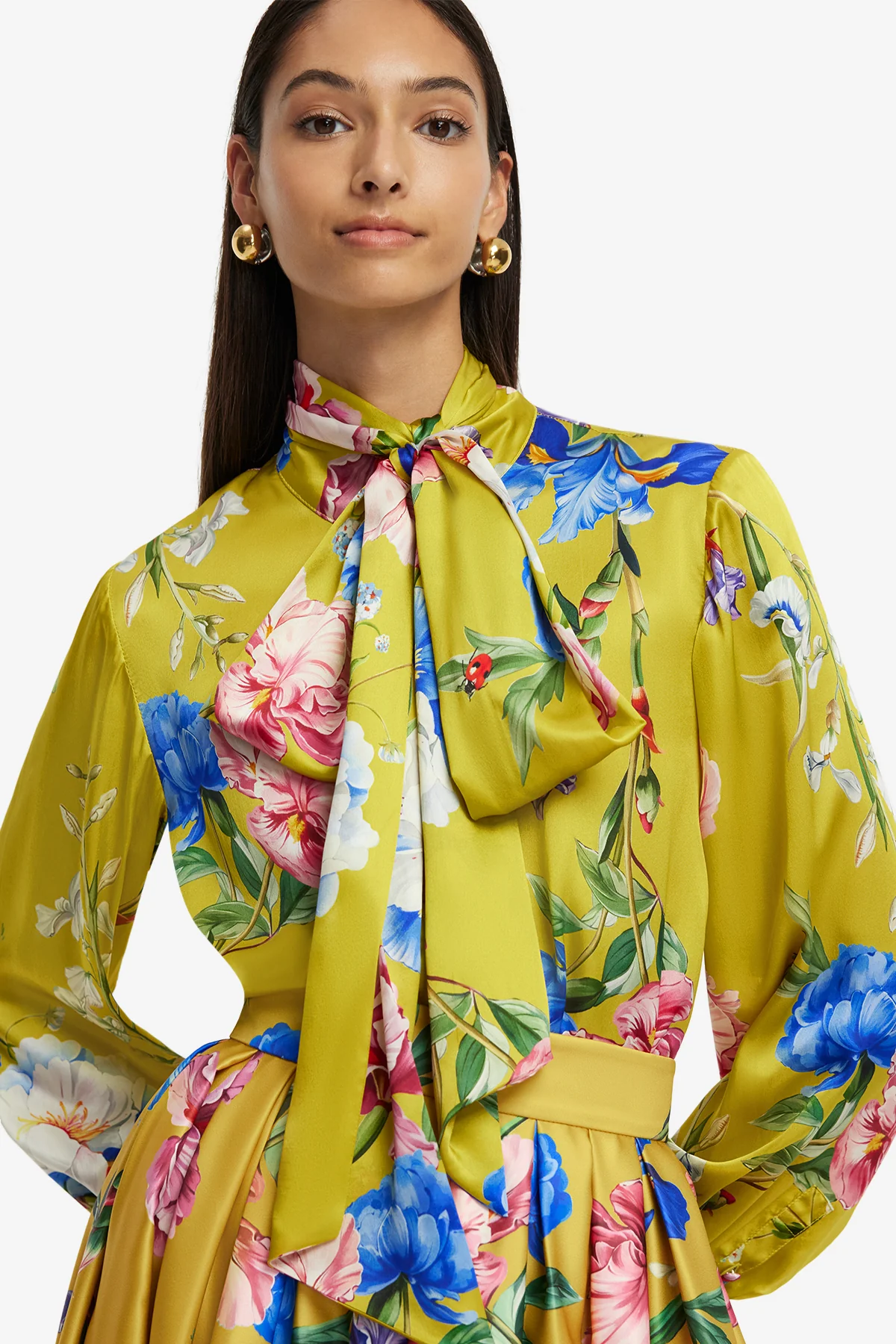 Freya Tie Neck Silk Blouse - Garden Print in Mustard - Image 6