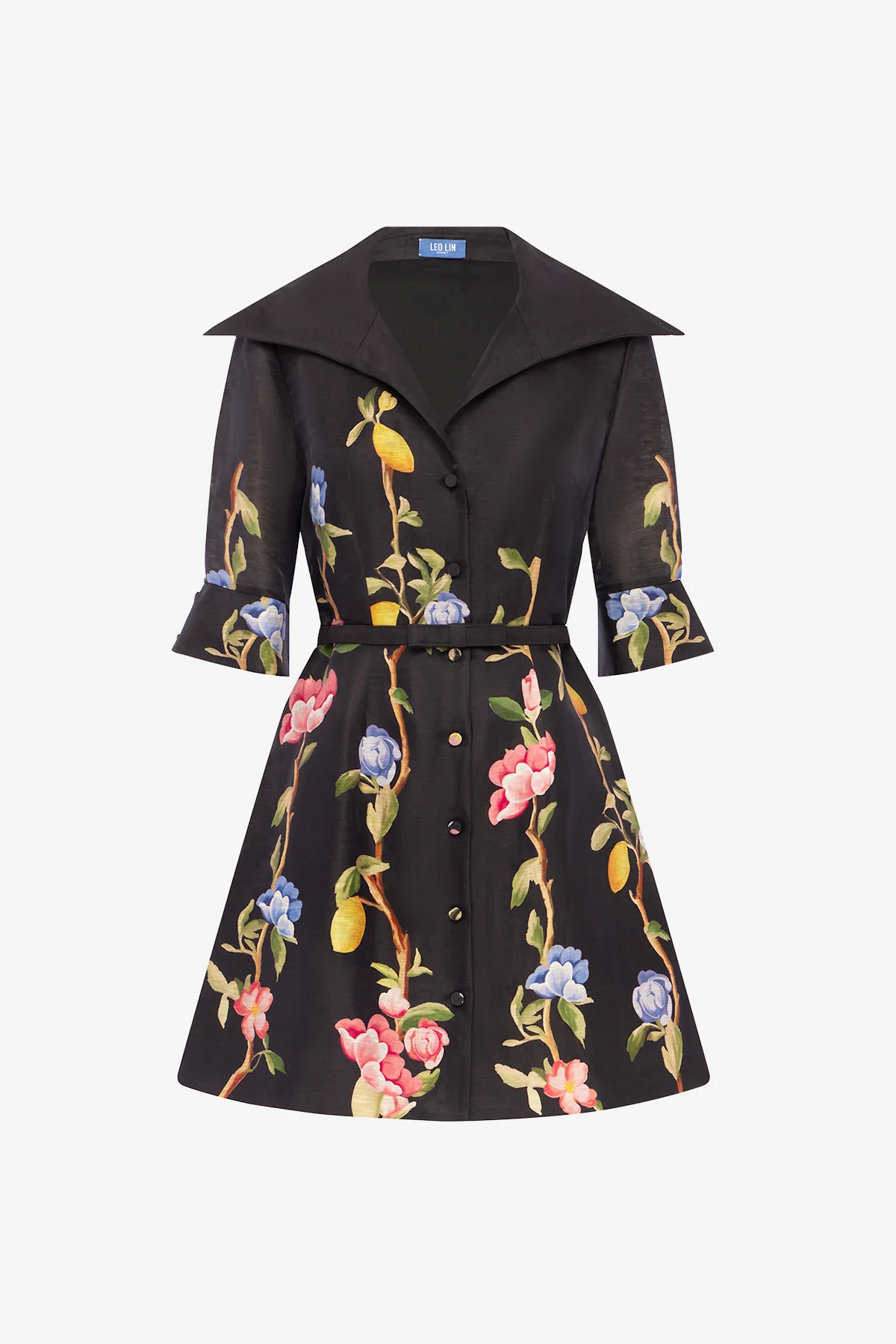 Genevieve Sleeve Mini Dress - Lemon Vine Print in Ebony