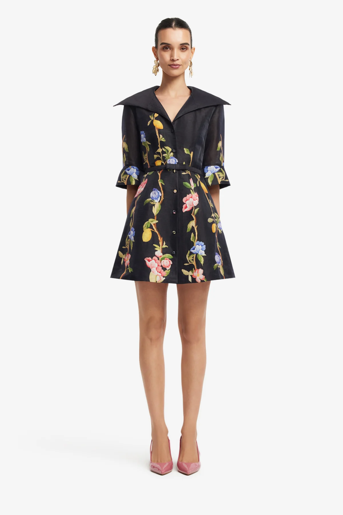 Genevieve Sleeve Mini Dress - Lemon Vine Print in Ebony - Image 2