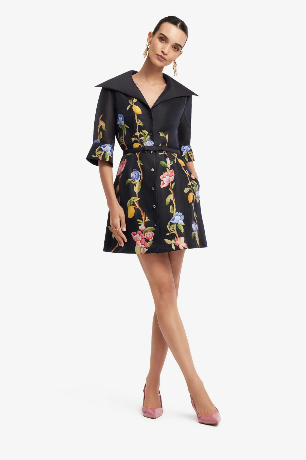 Genevieve Sleeve Mini Dress - Lemon Vine Print in Ebony - Image 3