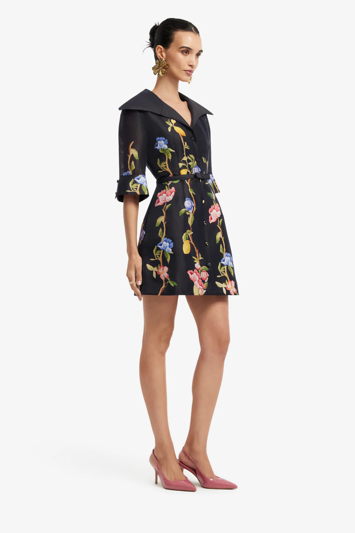 Genevieve Sleeve Mini Dress - Lemon Vine Print in Ebony - Image 4
