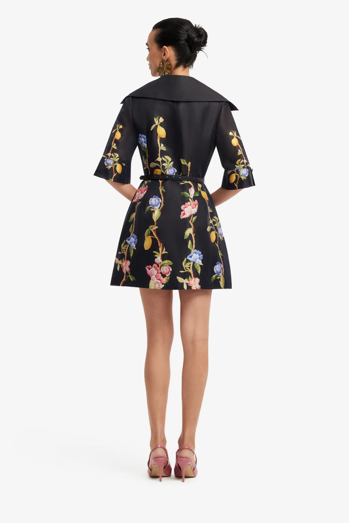 Genevieve Sleeve Mini Dress - Lemon Vine Print in Ebony - Image 5