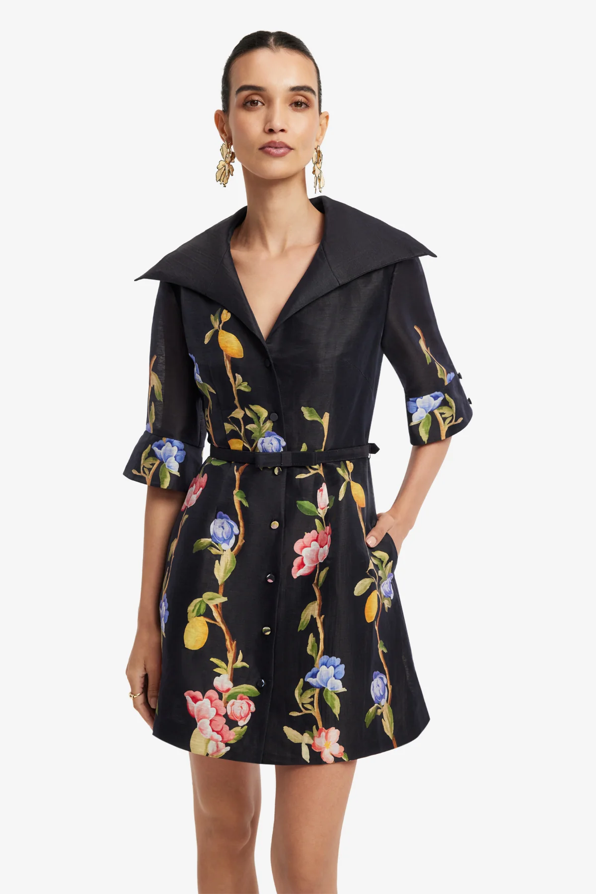 Genevieve Sleeve Mini Dress - Lemon Vine Print in Ebony - Image 6