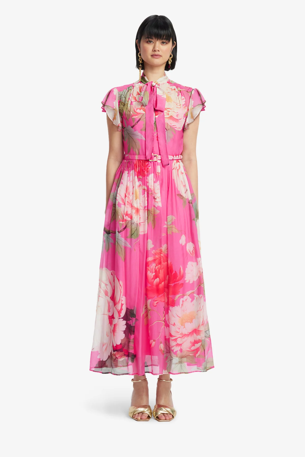 Grace Flutter Sleeve Midi Dress - Peony Print in Fuchsia - Image 2