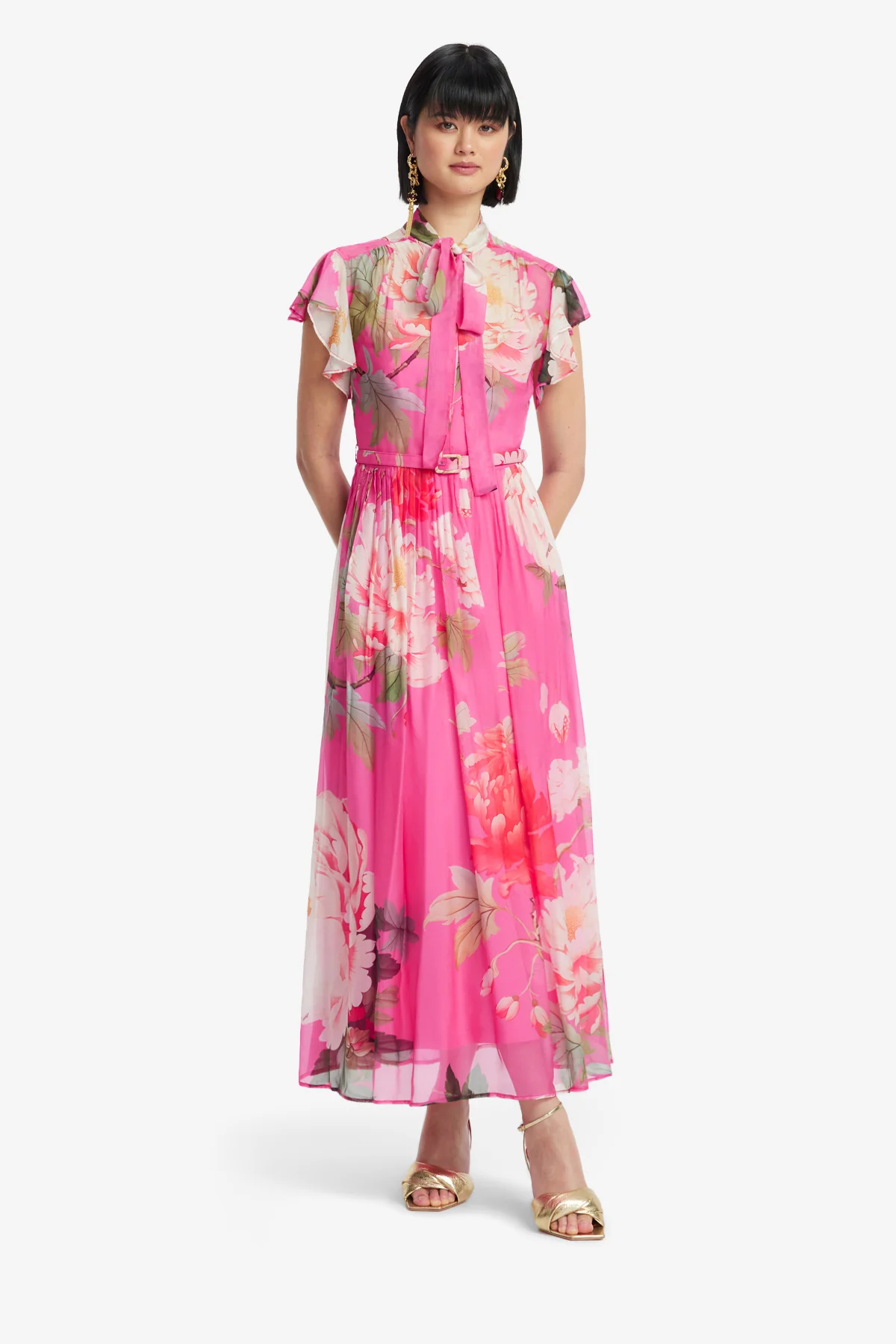 Grace Flutter Sleeve Midi Dress - Peony Print in Fuchsia - Image 3