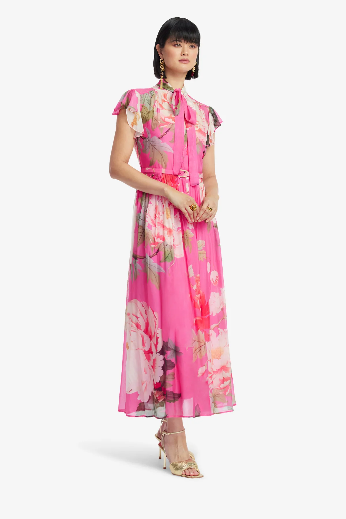 Grace Flutter Sleeve Midi Dress - Peony Print in Fuchsia - Image 4