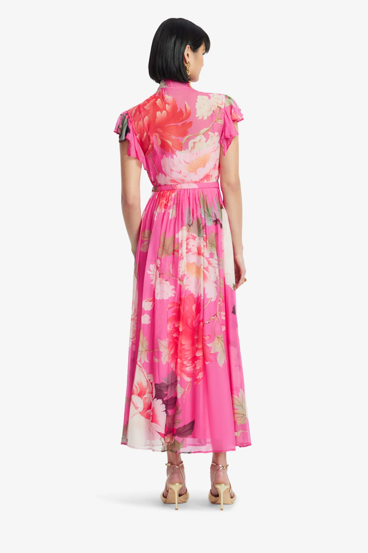 Grace Flutter Sleeve Midi Dress - Peony Print in Fuchsia - Image 5