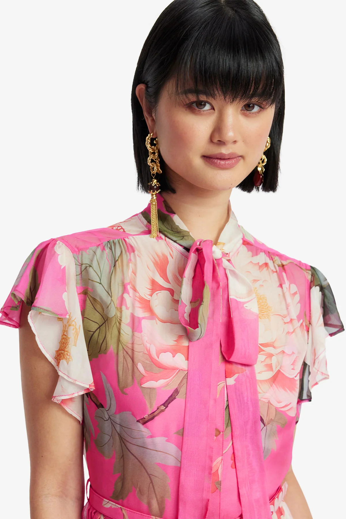 Grace Flutter Sleeve Midi Dress - Peony Print in Fuchsia - Image 6