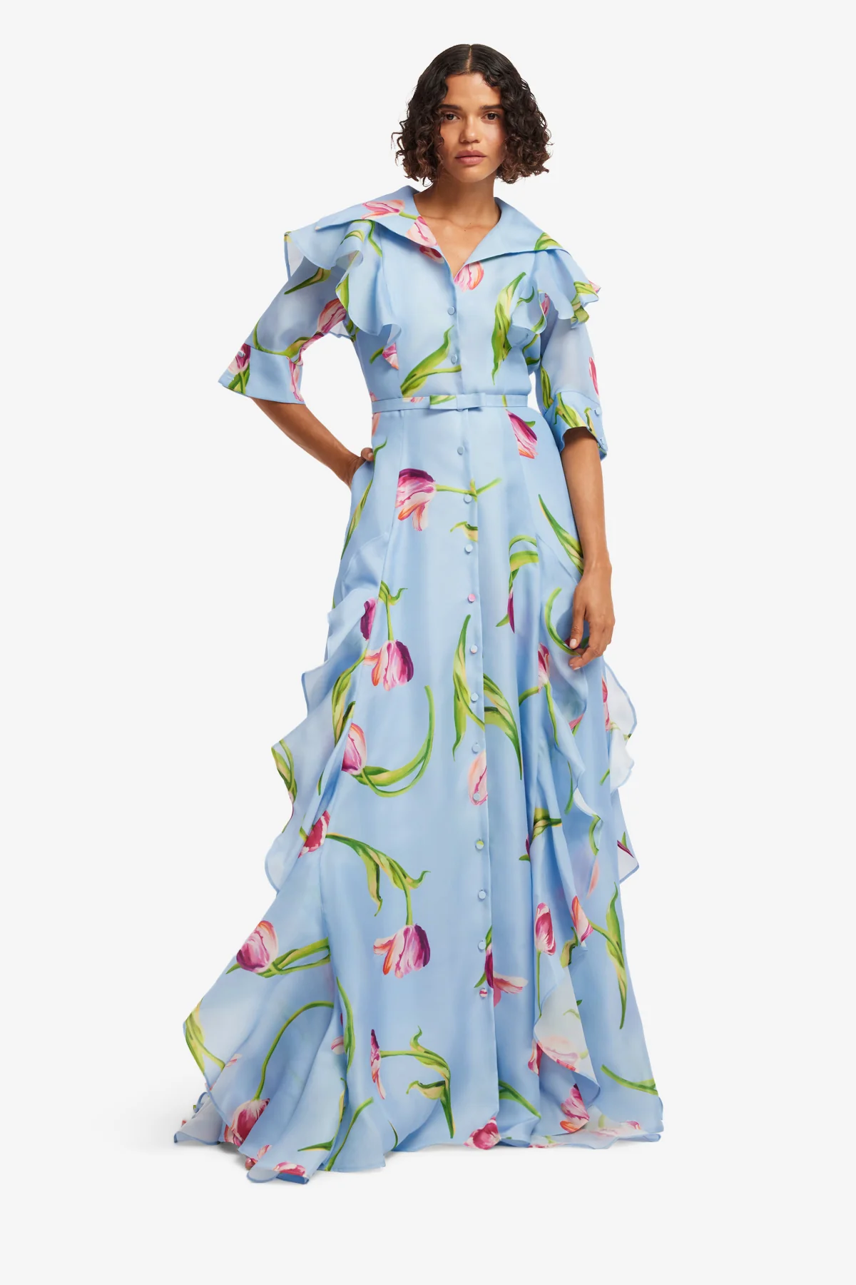 Isabella Silk Gown - Tulip Print in Blue - Image 3