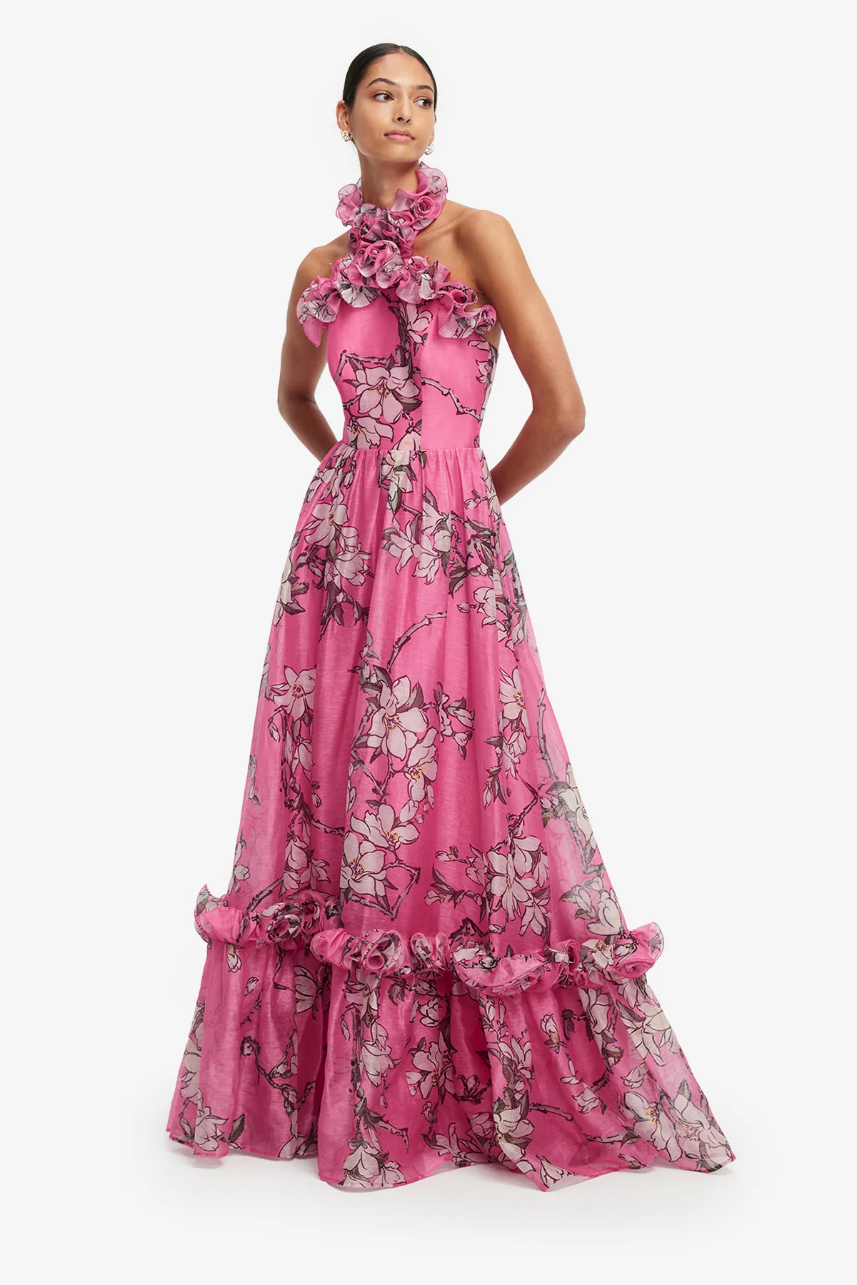 Isabelle Ruffled Halterneck Maxi Dress - Pink Magnolia Print - Image 3