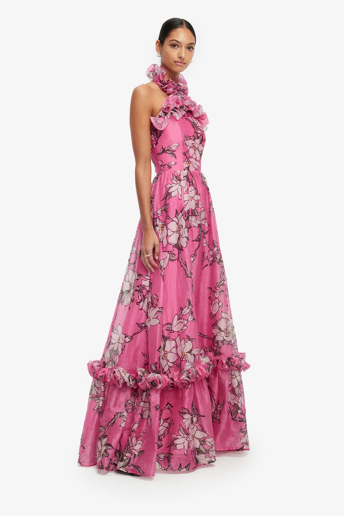 Isabelle Ruffled Halterneck Maxi Dress - Pink Magnolia Print - Image 4
