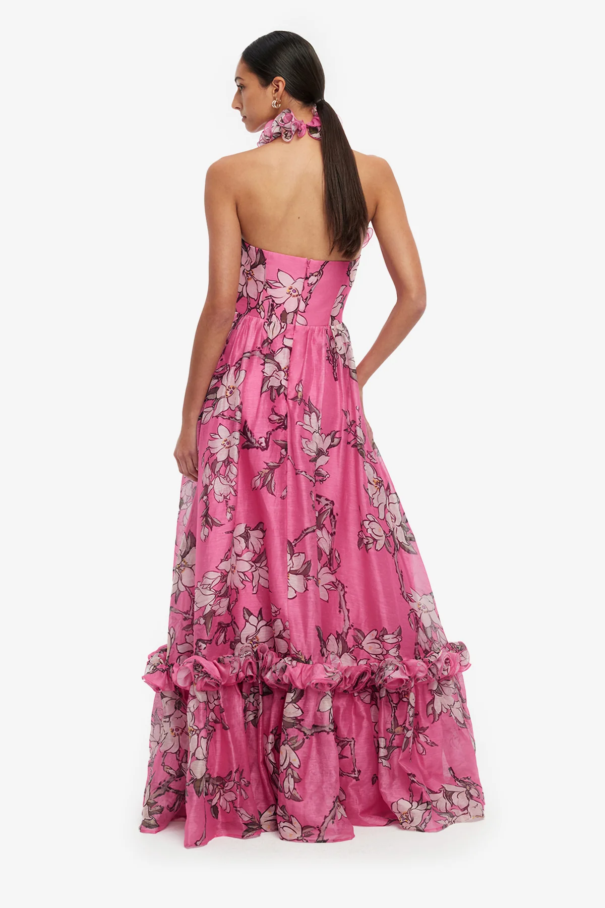 Isabelle Ruffled Halterneck Maxi Dress - Pink Magnolia Print - Image 5