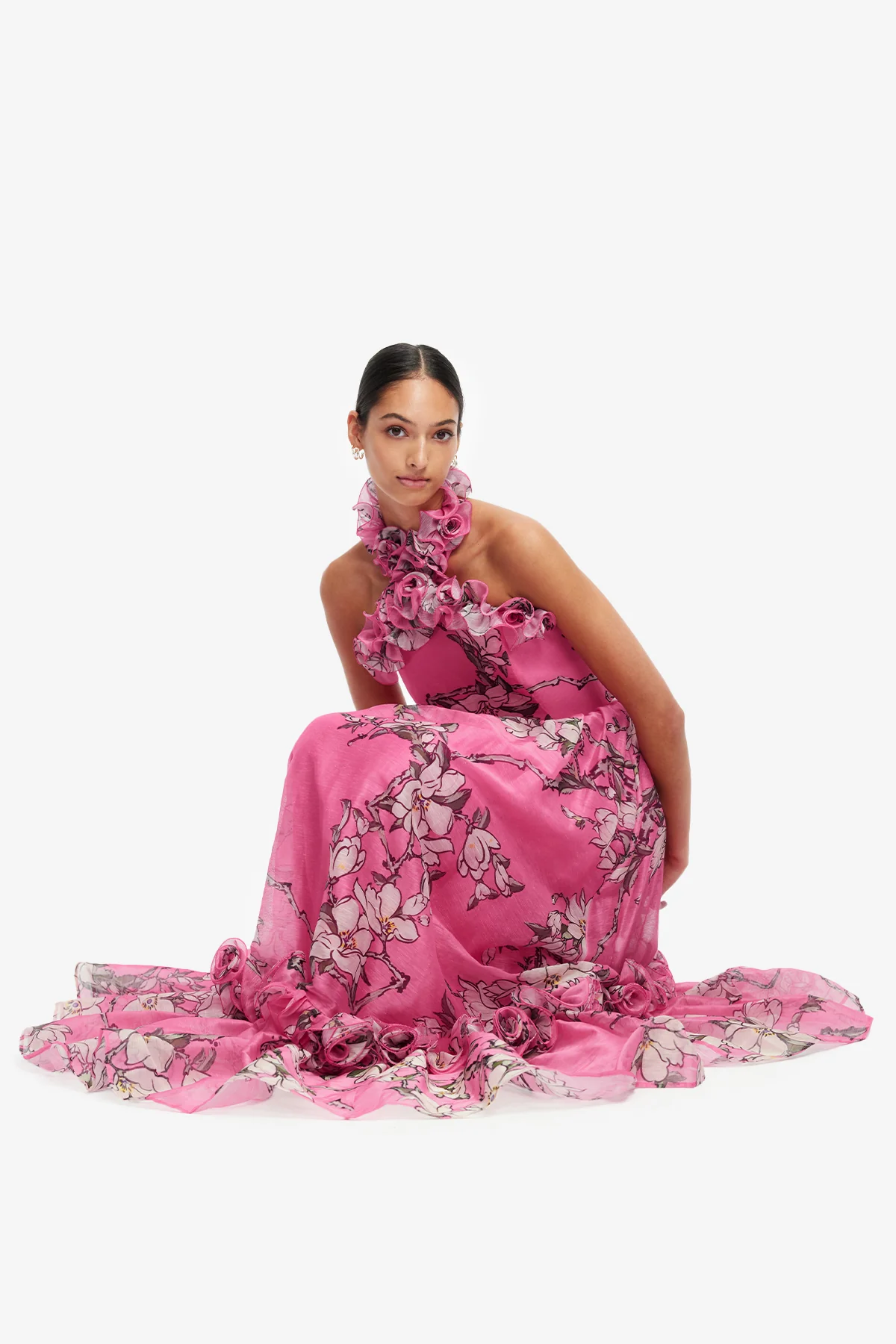 Isabelle Ruffled Halterneck Maxi Dress - Pink Magnolia Print - Image 6