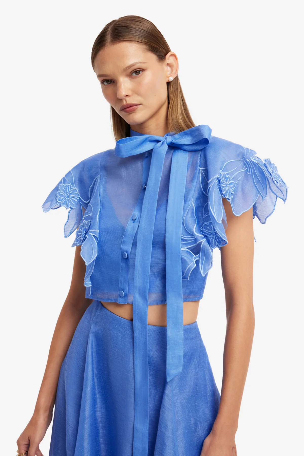 Jasmine Appliqué Flutter Sleeve Top - Azure - Image 6