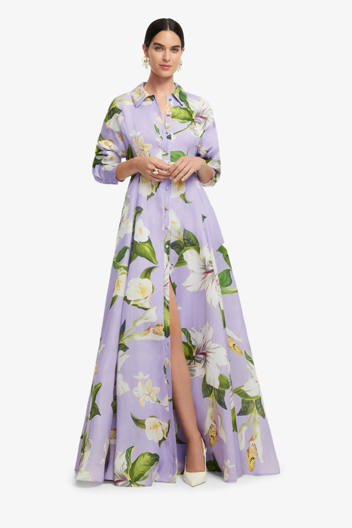 Josephine Silk Gown - Lily Blossom Print in Lilac - Image 3