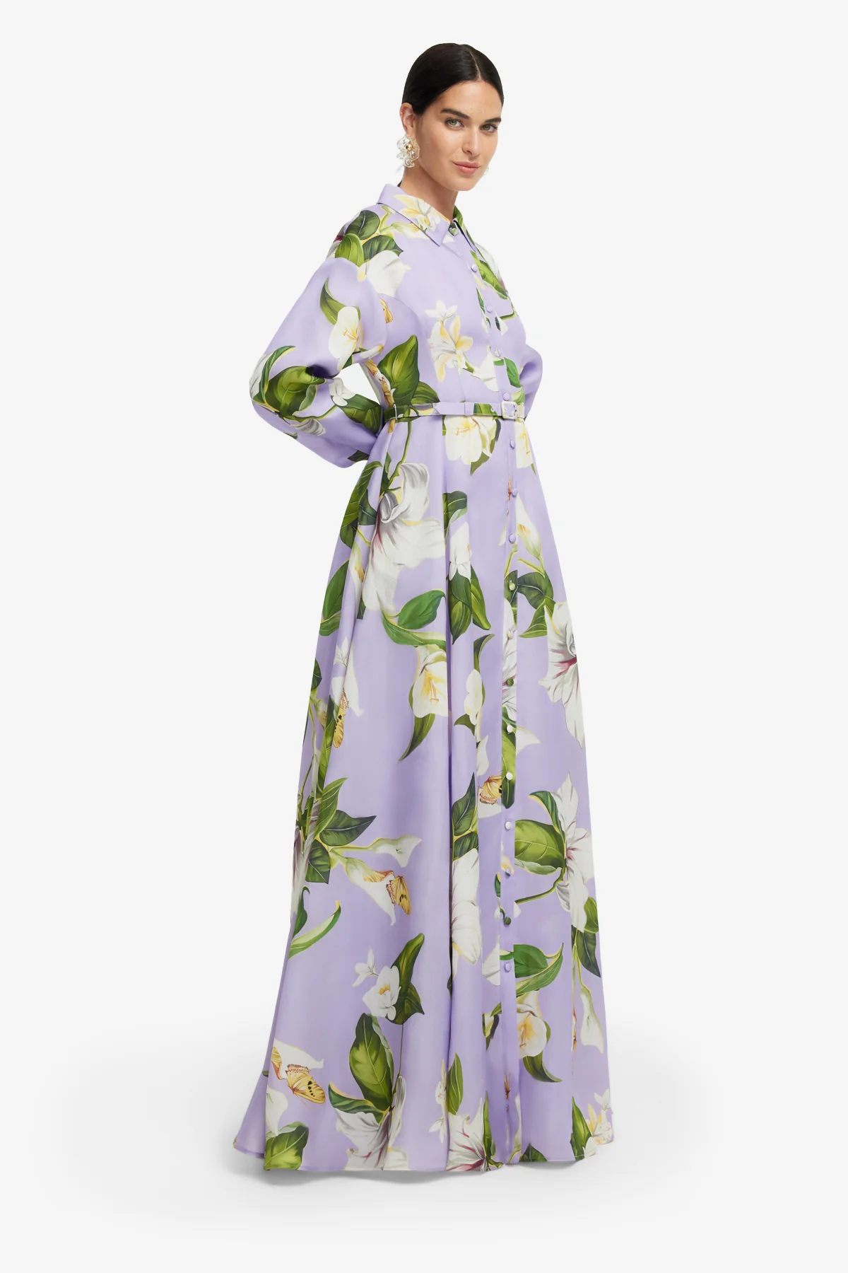 Josephine Silk Gown - Lily Blossom Print in Lilac - Image 4
