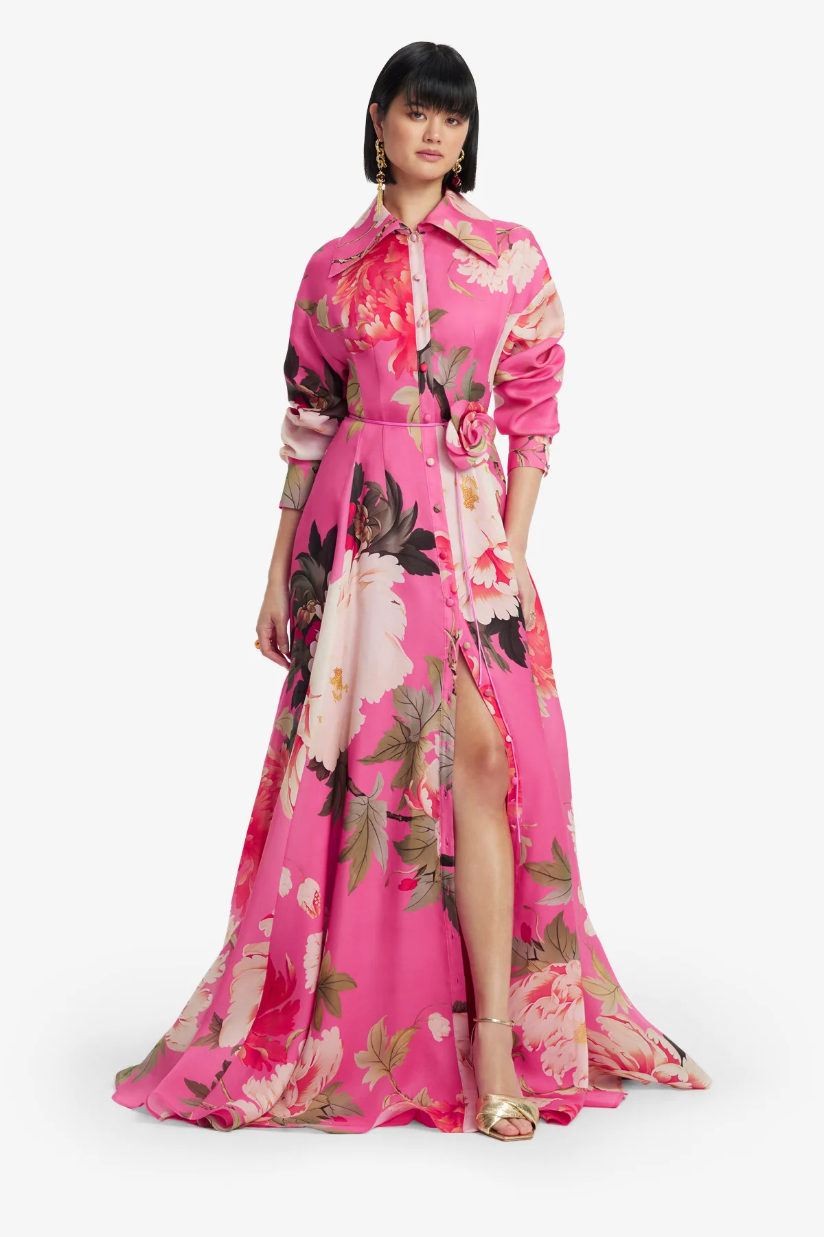 Josephine Silk Gown - Peony Print in Fuchsia - Image 3