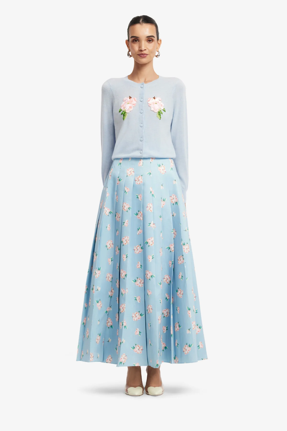 June Pleated Maxi Skirt - Ditsy Floral Print in Blue - Image 2