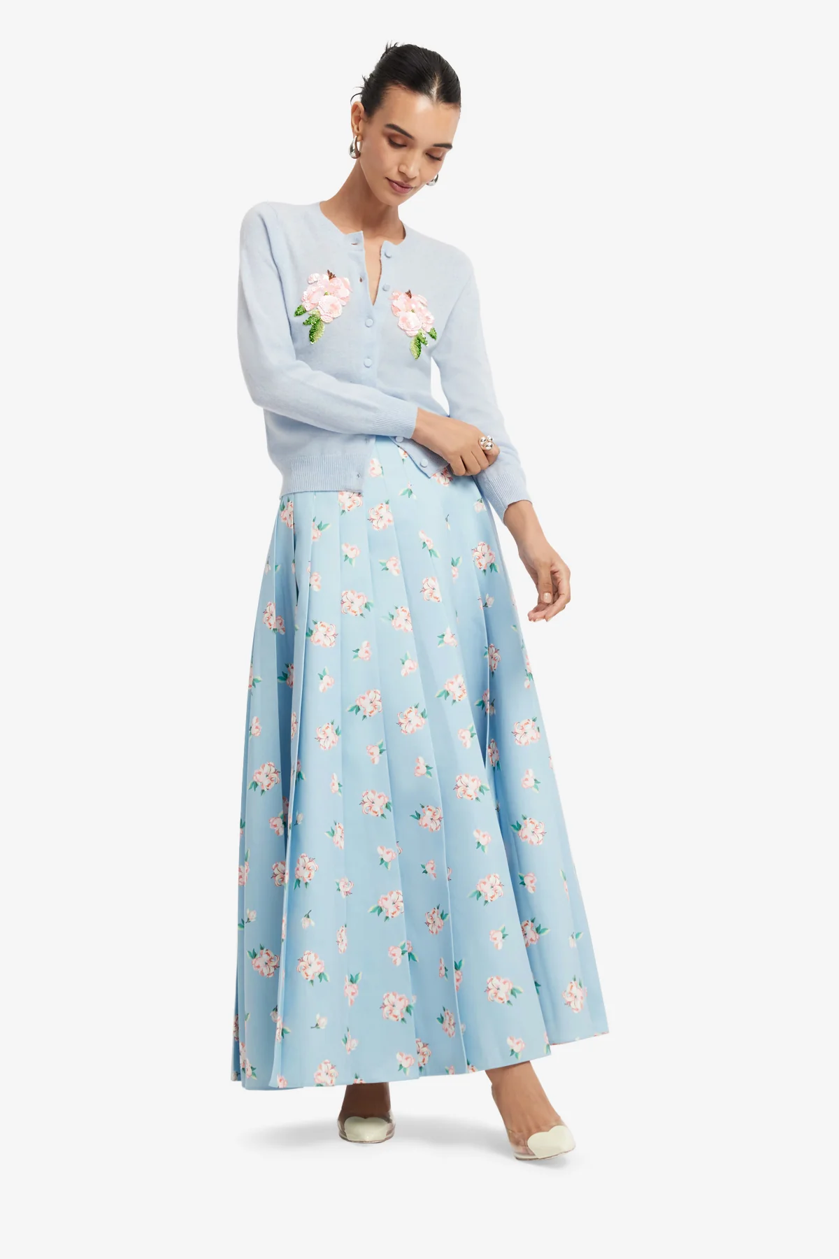 June Pleated Maxi Skirt - Ditsy Floral Print in Blue - Image 3