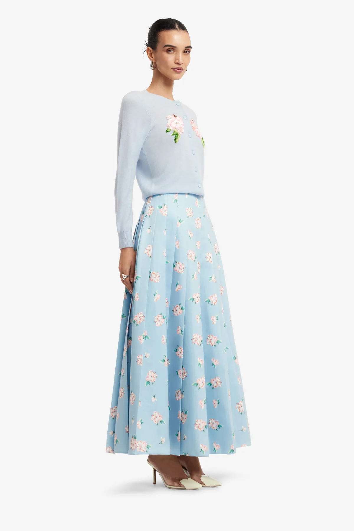 June Pleated Maxi Skirt - Ditsy Floral Print in Blue - Image 4