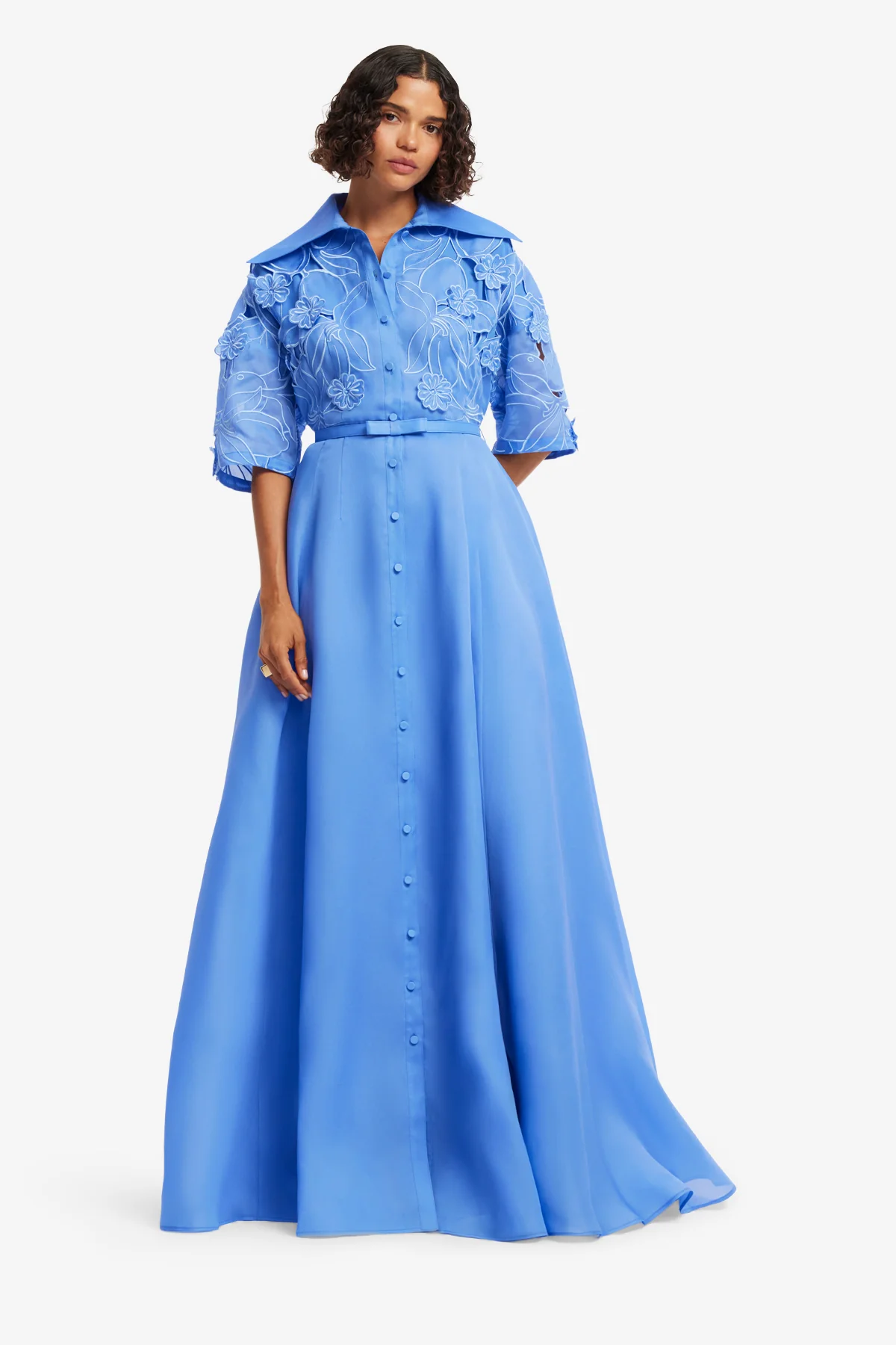 Junia Appliqué Puff Sleeve Silk Gown - Azure - Image 3