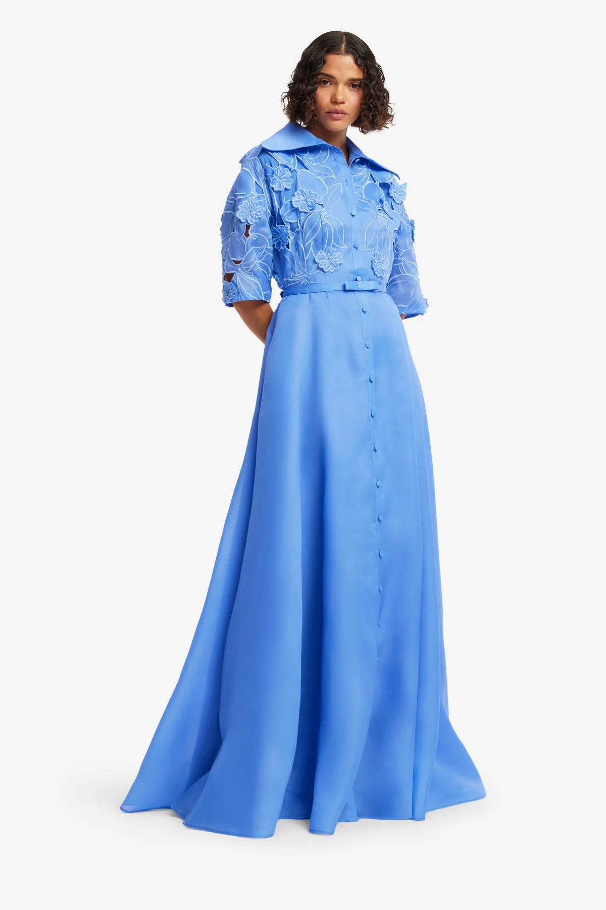 Junia Appliqué Puff Sleeve Silk Gown - Azure - Image 4