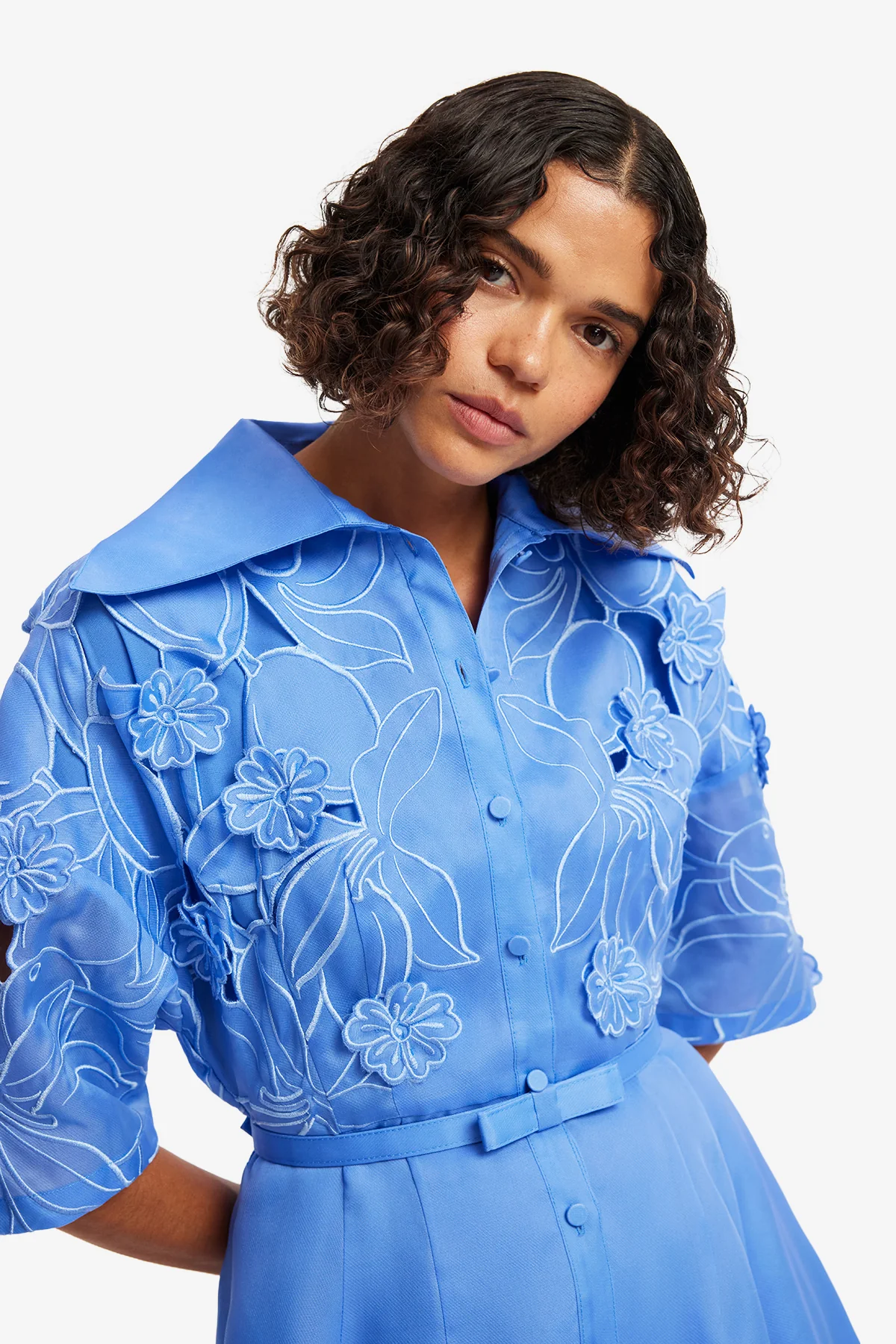 Junia Appliqué Puff Sleeve Silk Gown - Azure - Image 6