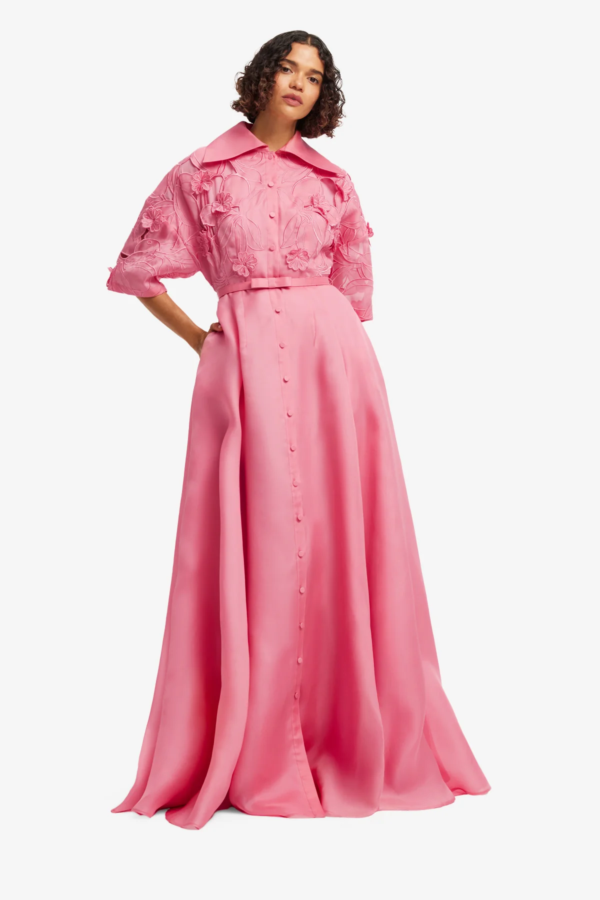 Junia Appliqué Puff Sleeve Silk Gown - Fuchsia - Image 3