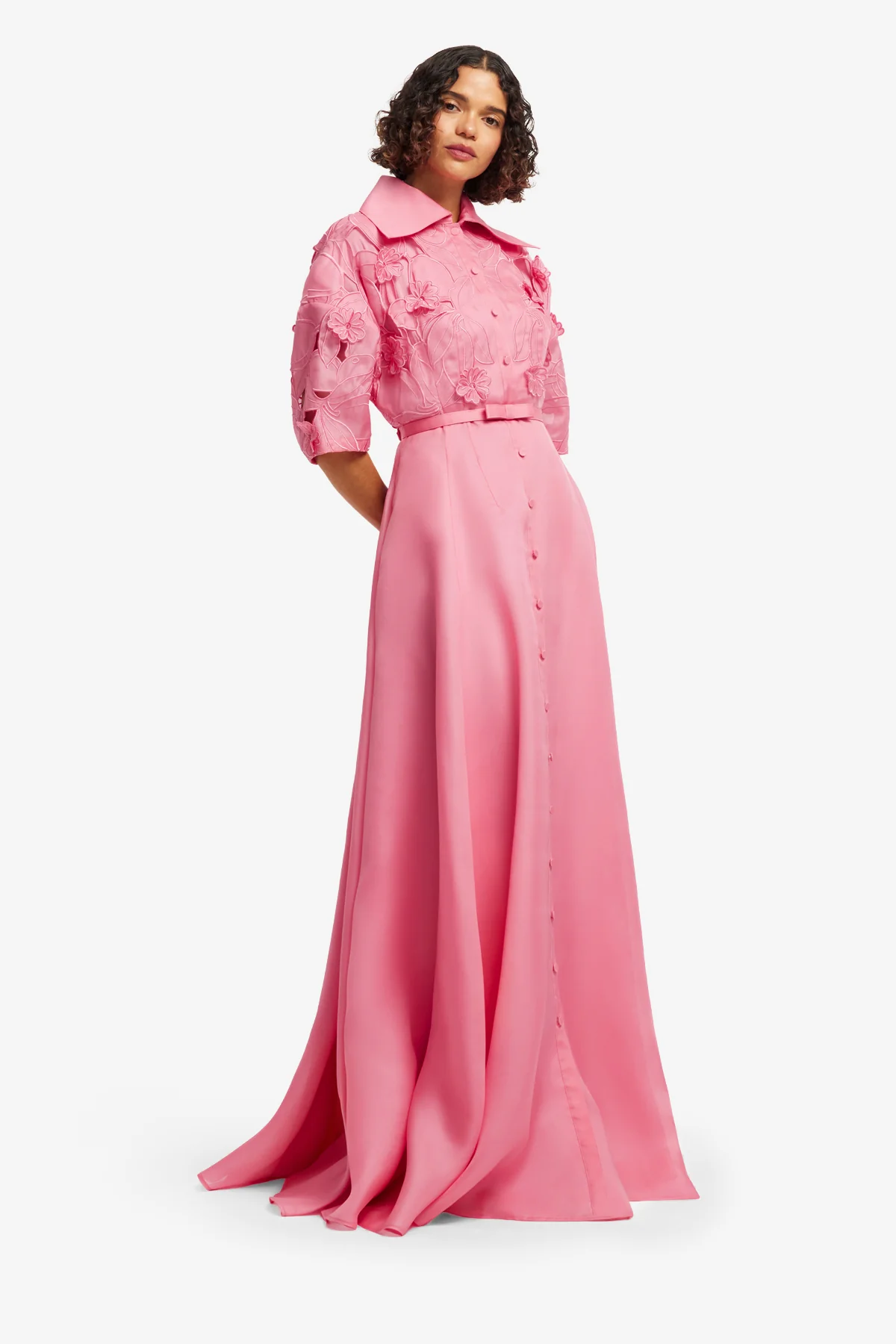 Junia Appliqué Puff Sleeve Silk Gown - Fuchsia - Image 4