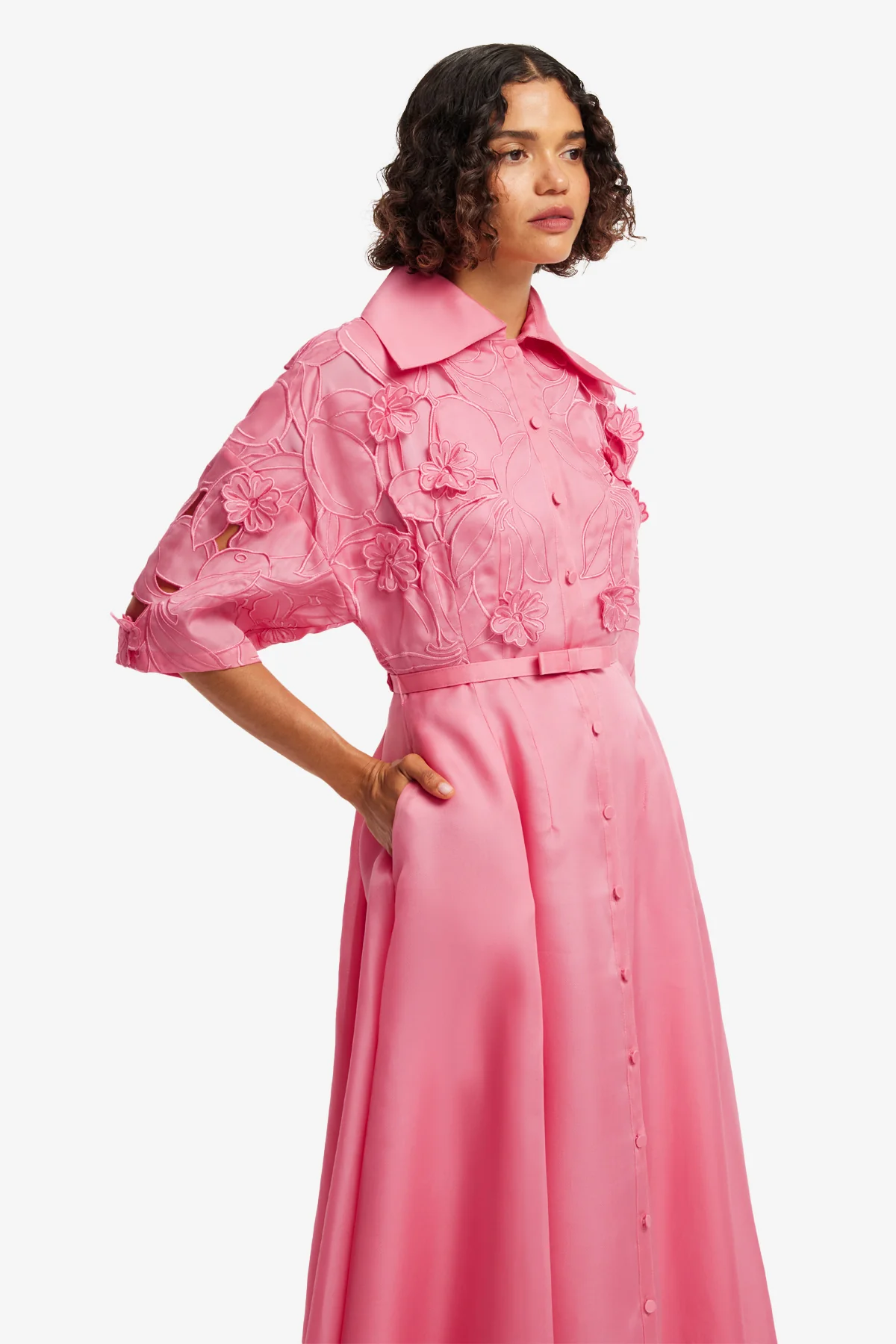 Junia Appliqué Puff Sleeve Silk Gown - Fuchsia - Image 6