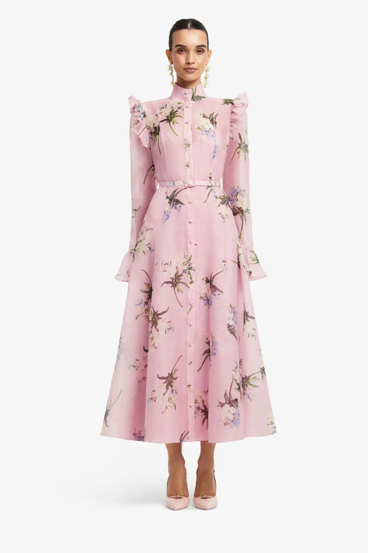 Katrina Butterfly Sleeve Midi Dress - Bouquet Print in Pastel Pink - Image 2