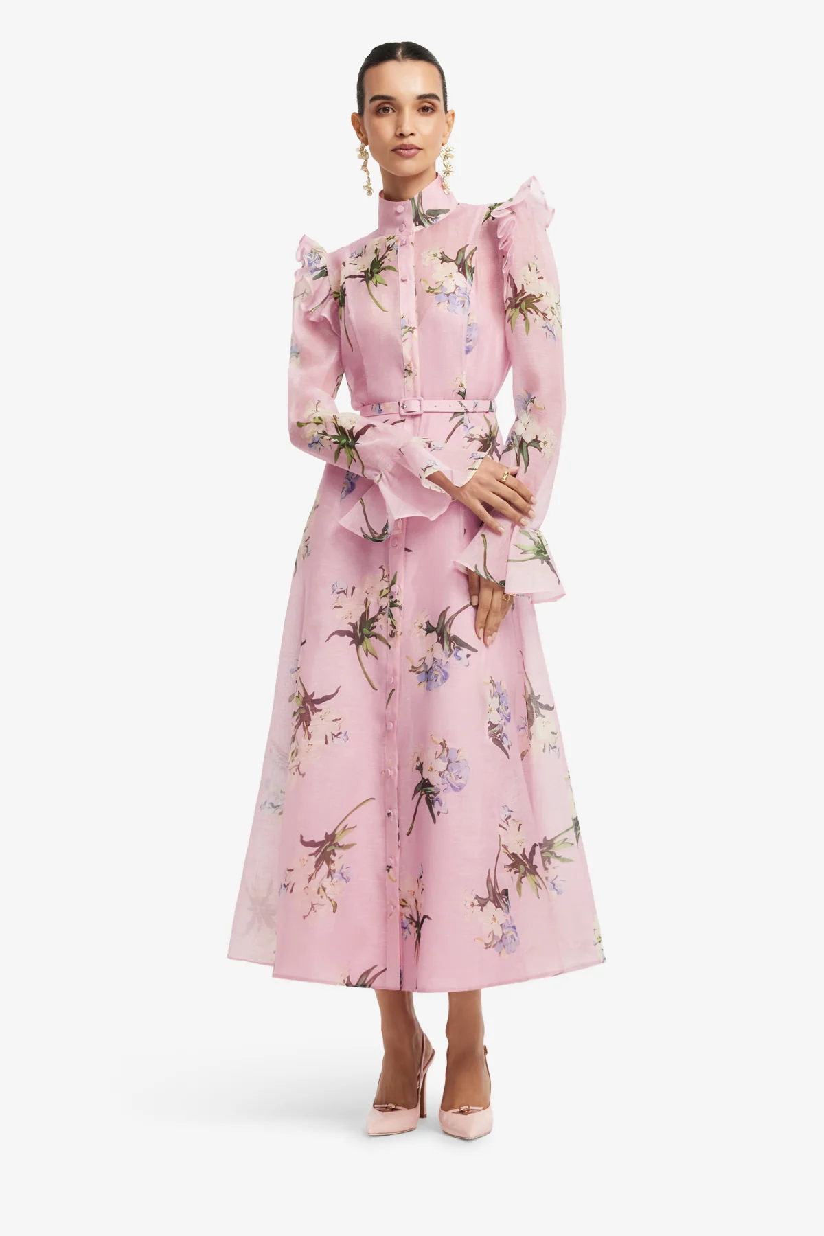 Katrina Butterfly Sleeve Midi Dress - Bouquet Print in Pastel Pink - Image 3