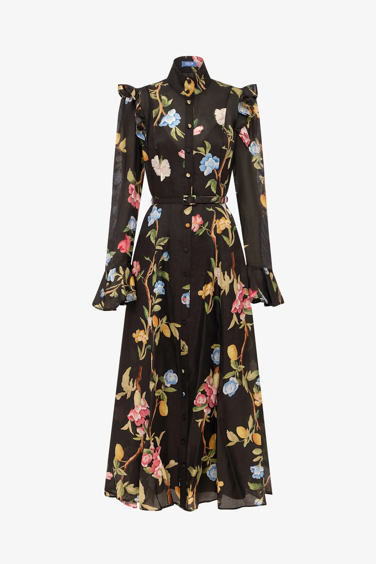 Katrina Butterfly Sleeve Midi Dress - Lemon Vine Print in Ebony