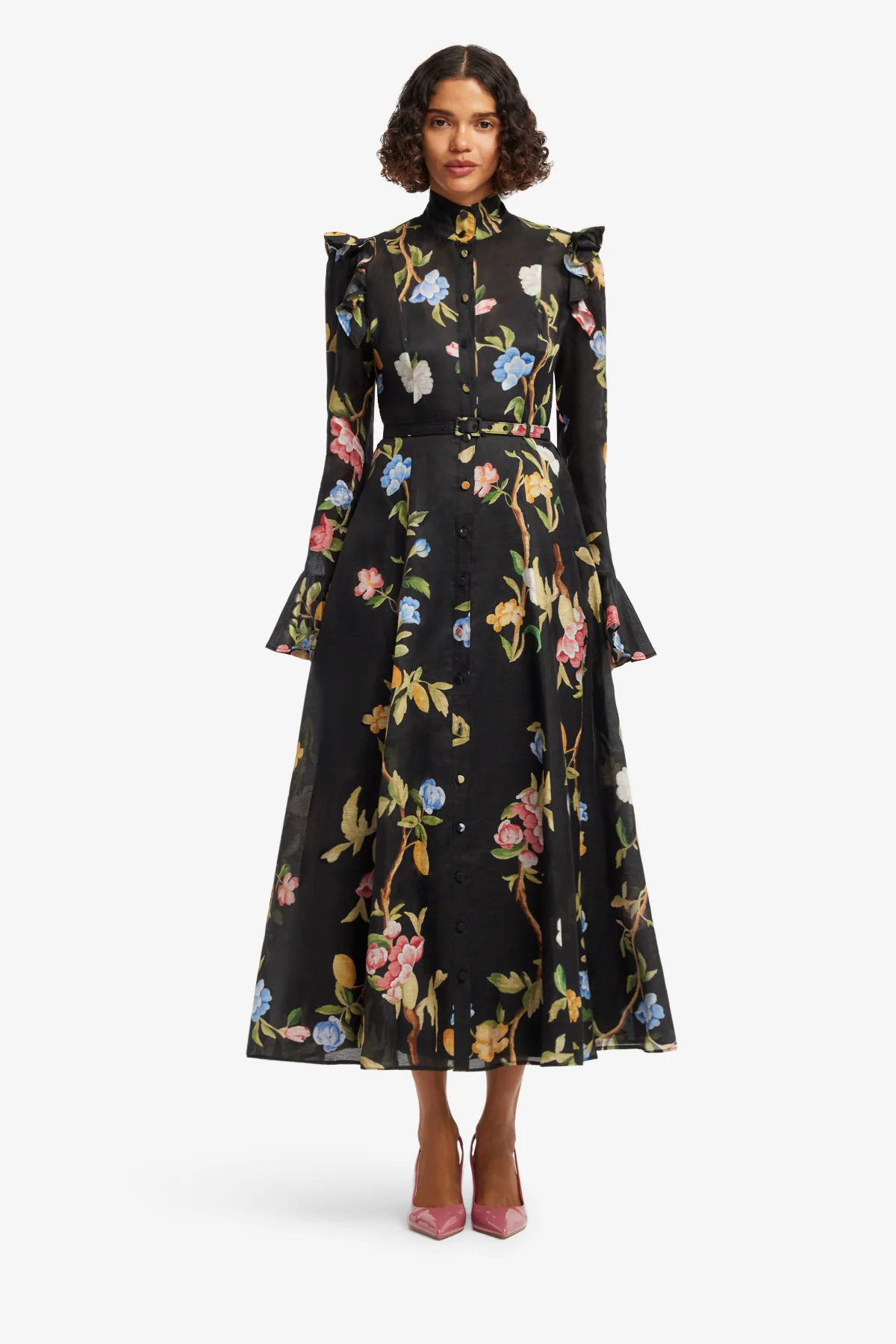 Katrina Butterfly Sleeve Midi Dress - Lemon Vine Print in Ebony - Image 2