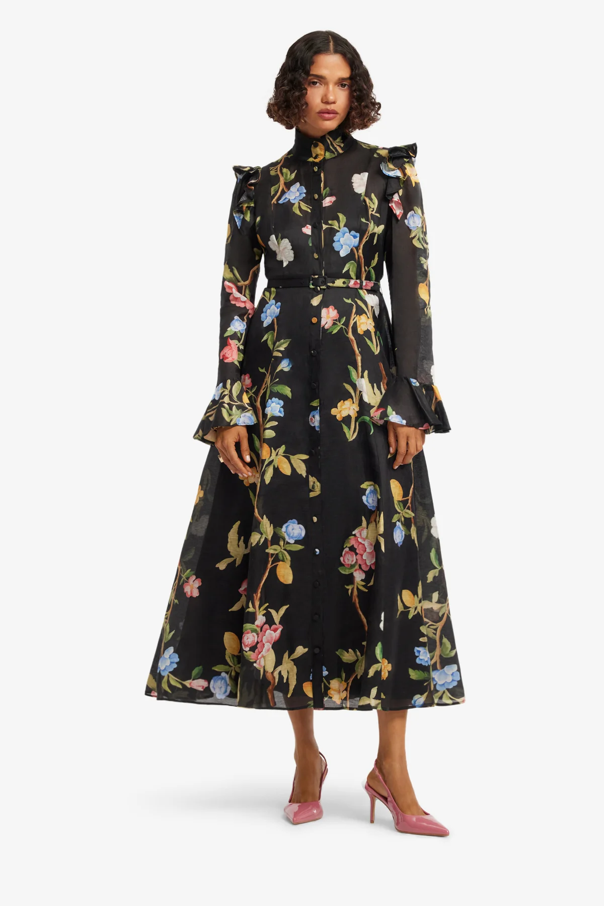 Katrina Butterfly Sleeve Midi Dress - Lemon Vine Print in Ebony - Image 3