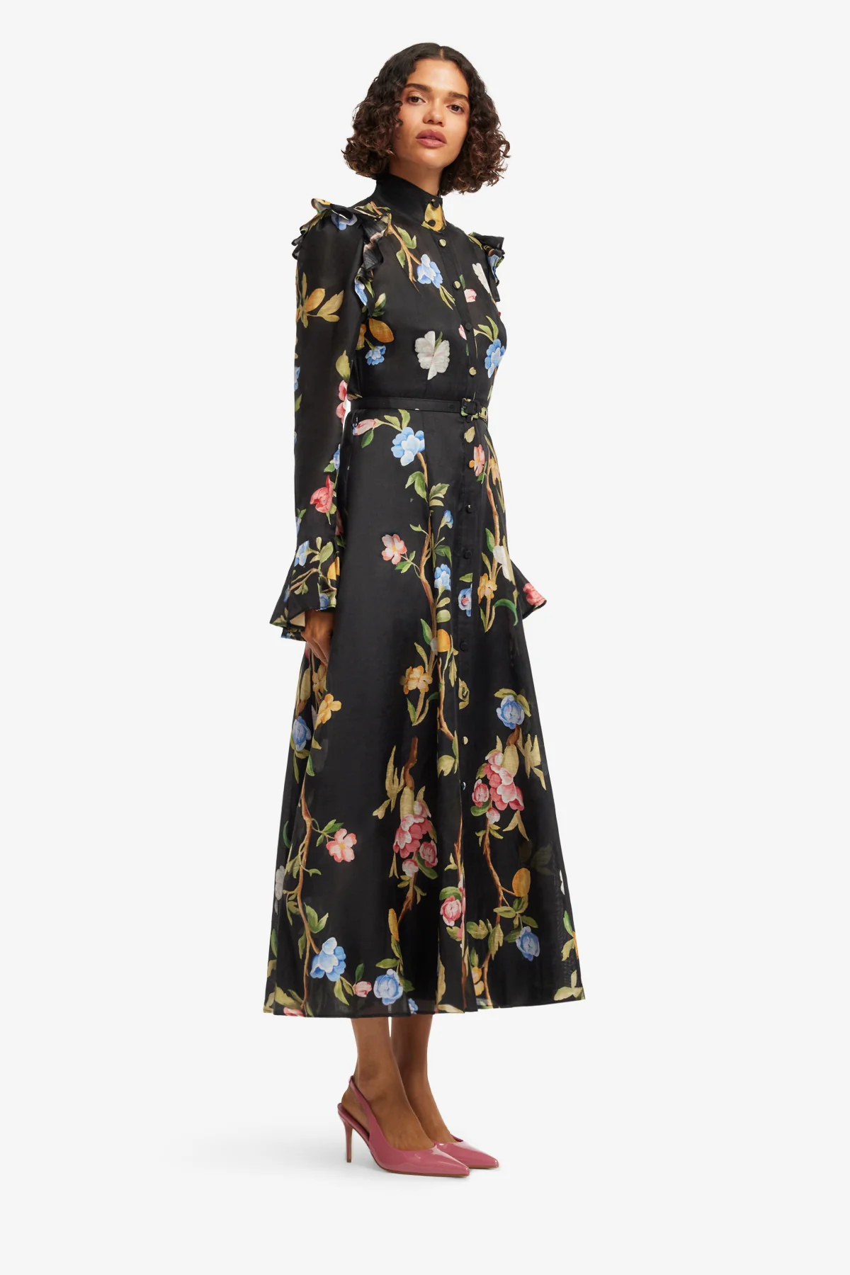 Katrina Butterfly Sleeve Midi Dress - Lemon Vine Print in Ebony - Image 4