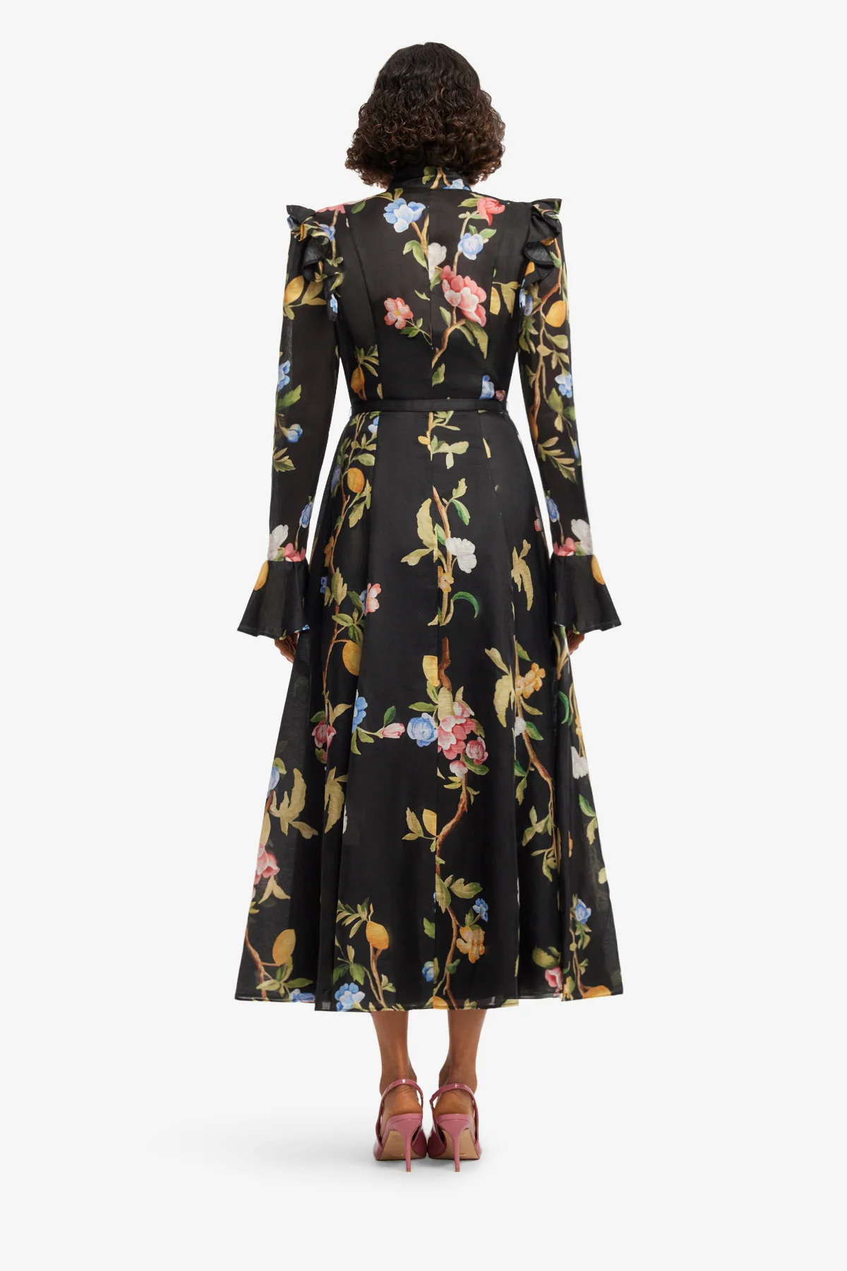 Katrina Butterfly Sleeve Midi Dress - Lemon Vine Print in Ebony - Image 5