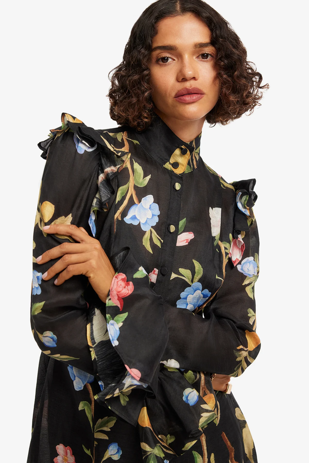 Katrina Butterfly Sleeve Midi Dress - Lemon Vine Print in Ebony - Image 6
